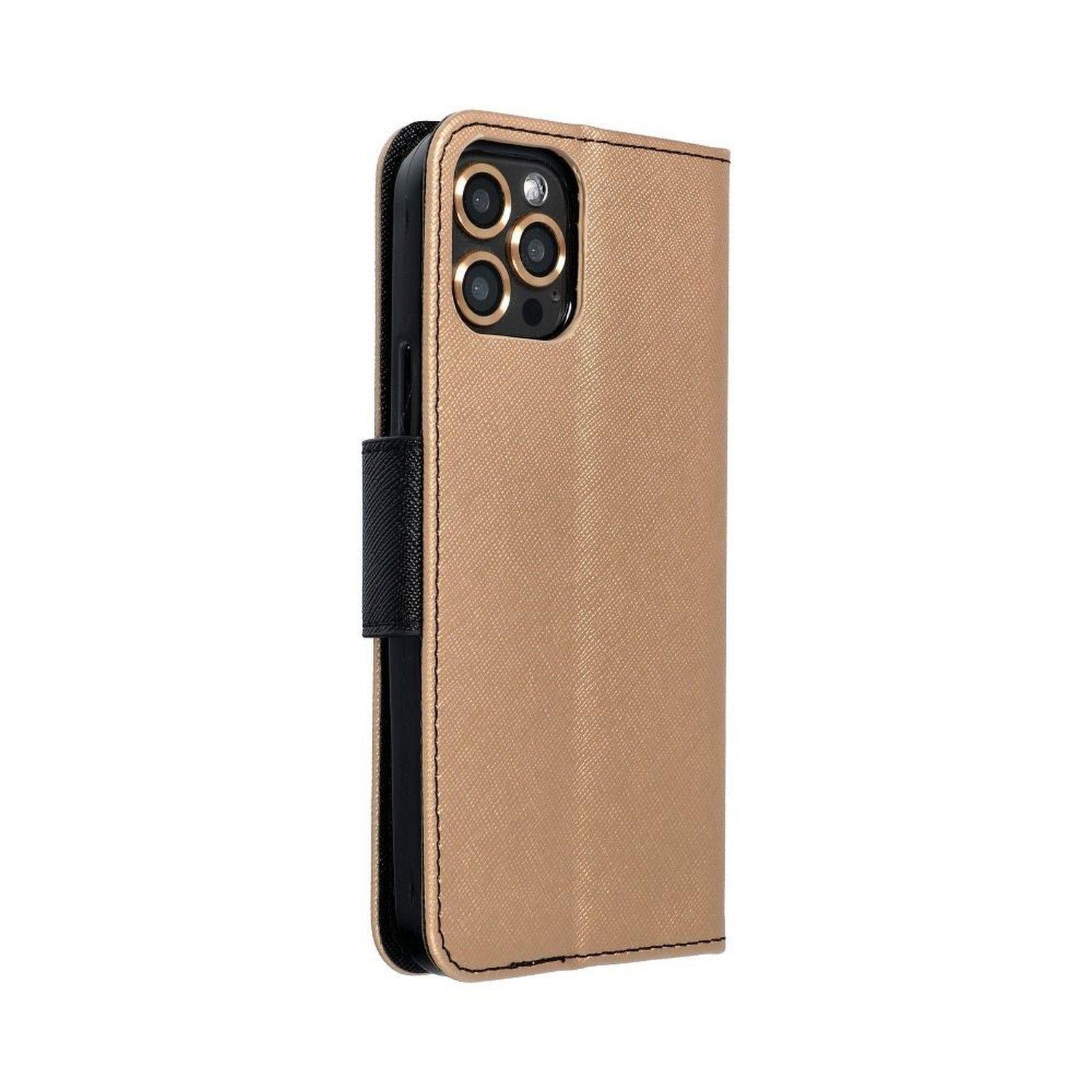 Fancy Buch Holster Tasche kompatibel mit iPhone 15 Gold-Schwarz