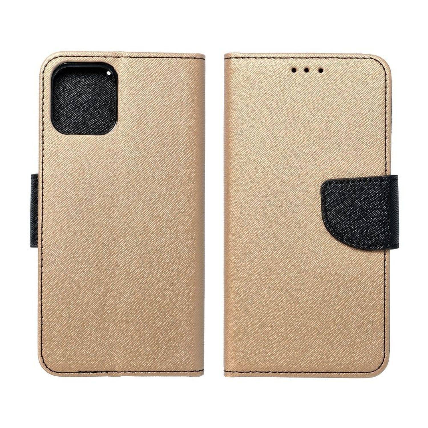 Fancy Buch Holster Tasche kompatibel mit iPhone 15 Gold-Schwarz