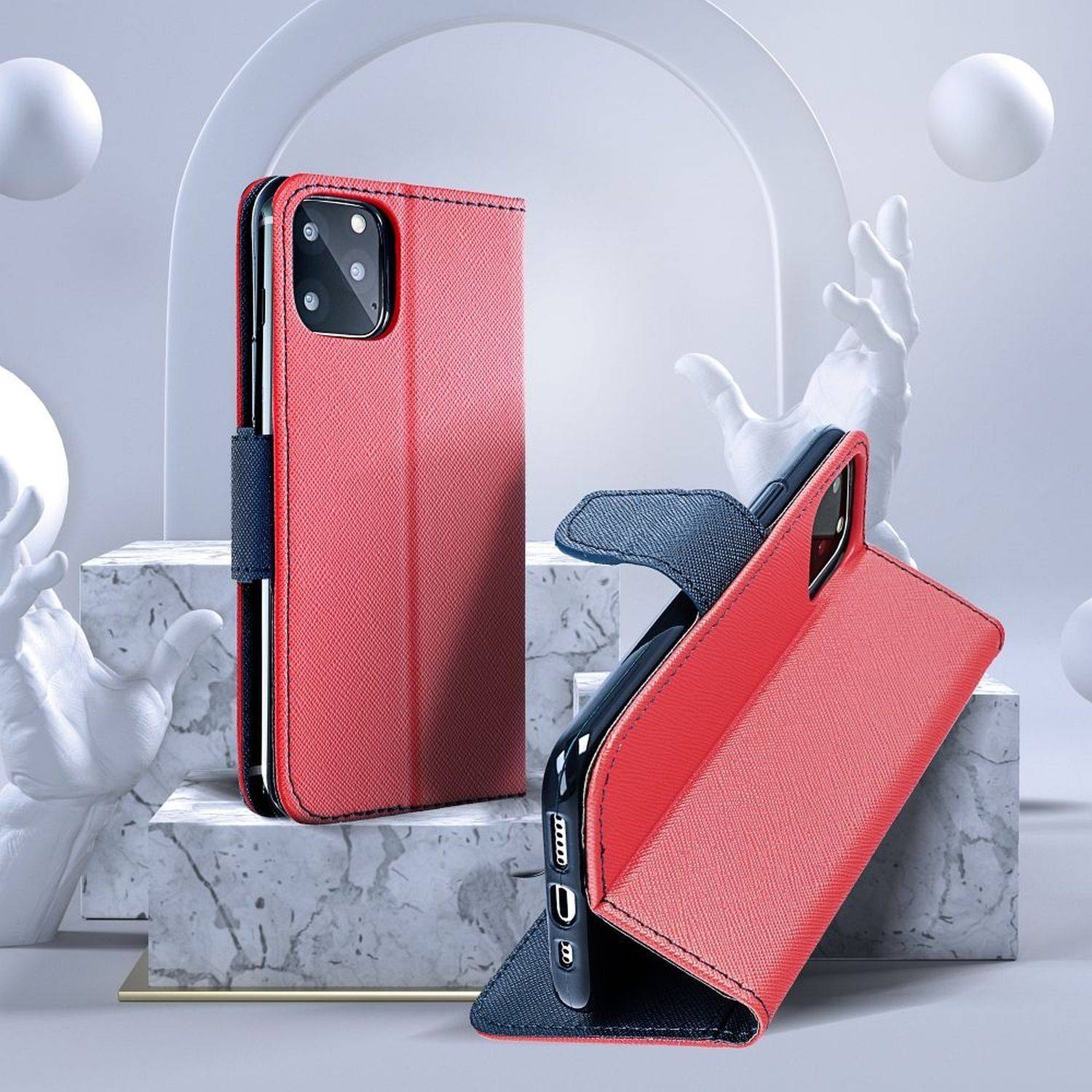 Fancy Buch Holster Tasche kompatibel mit iPhone 15 Plus Rot-Blau