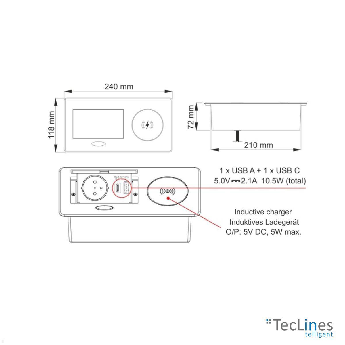 TecLines TES015B Einbau Steckdose mit USB A/C Charger, Qi, schwarz