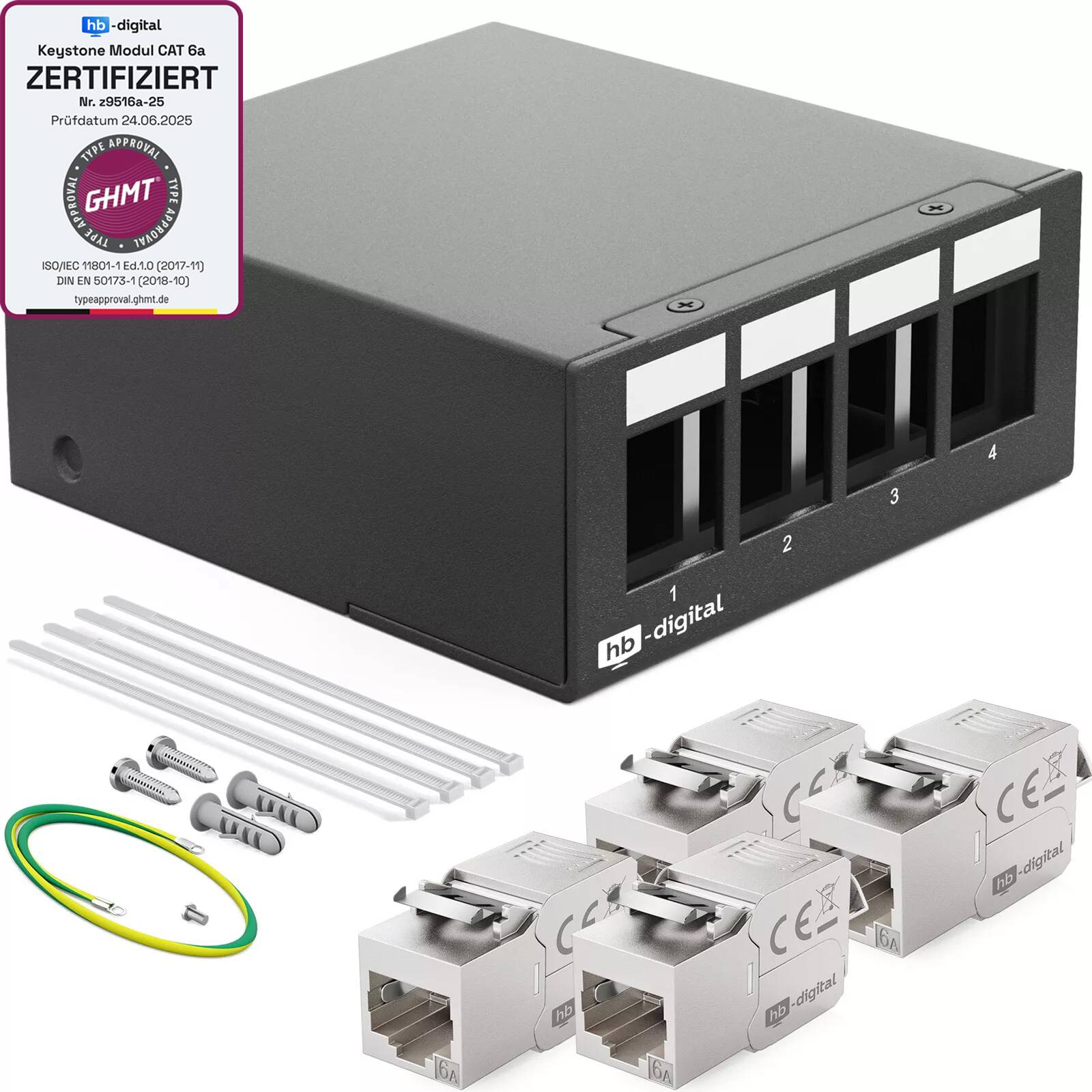 hb-digital Patch Box 4 Port mit 4 x Keystone Module Cat 6a schwarz