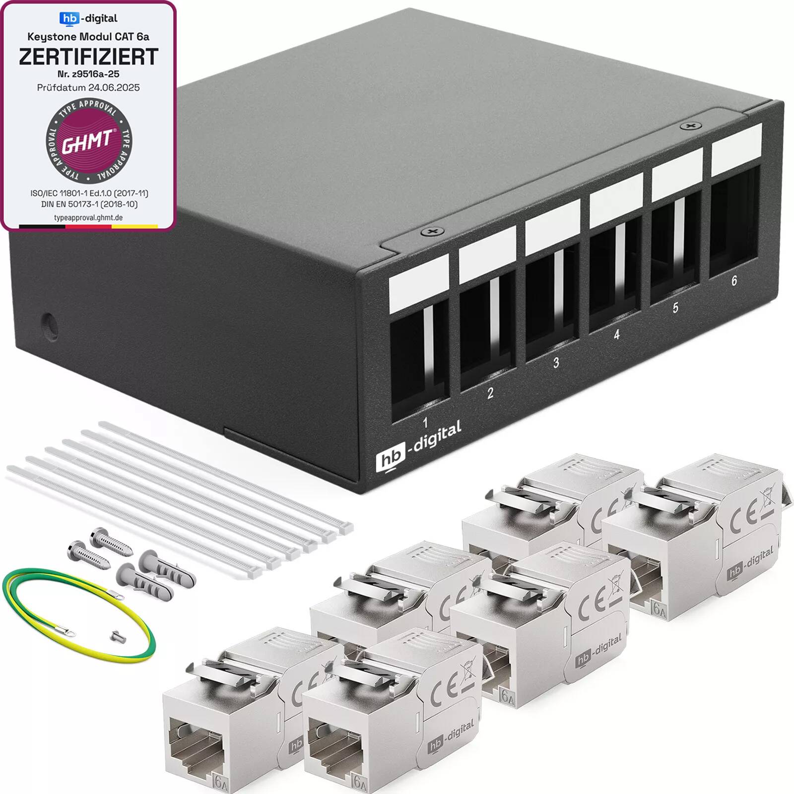 hb-digital Patch Panel 6 Port mit 6 x Keystone Module Cat 6a schwarz