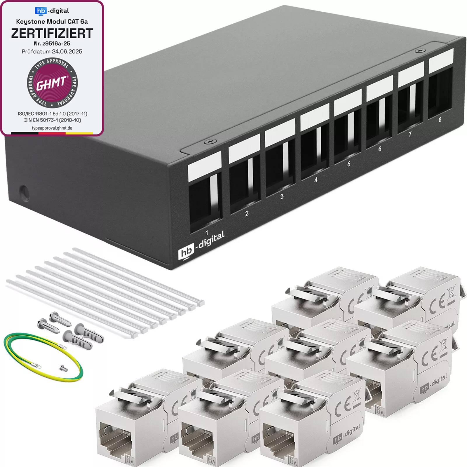hb-digital Patchpanel 8 Port mit 8 x Keystone Module Cat 6a schwarz