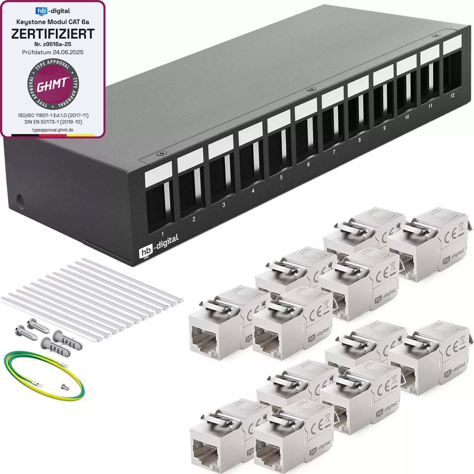 hb-digital Patch Panel 12 Port mit 12 x Keystone Module Cat 6a schwarz