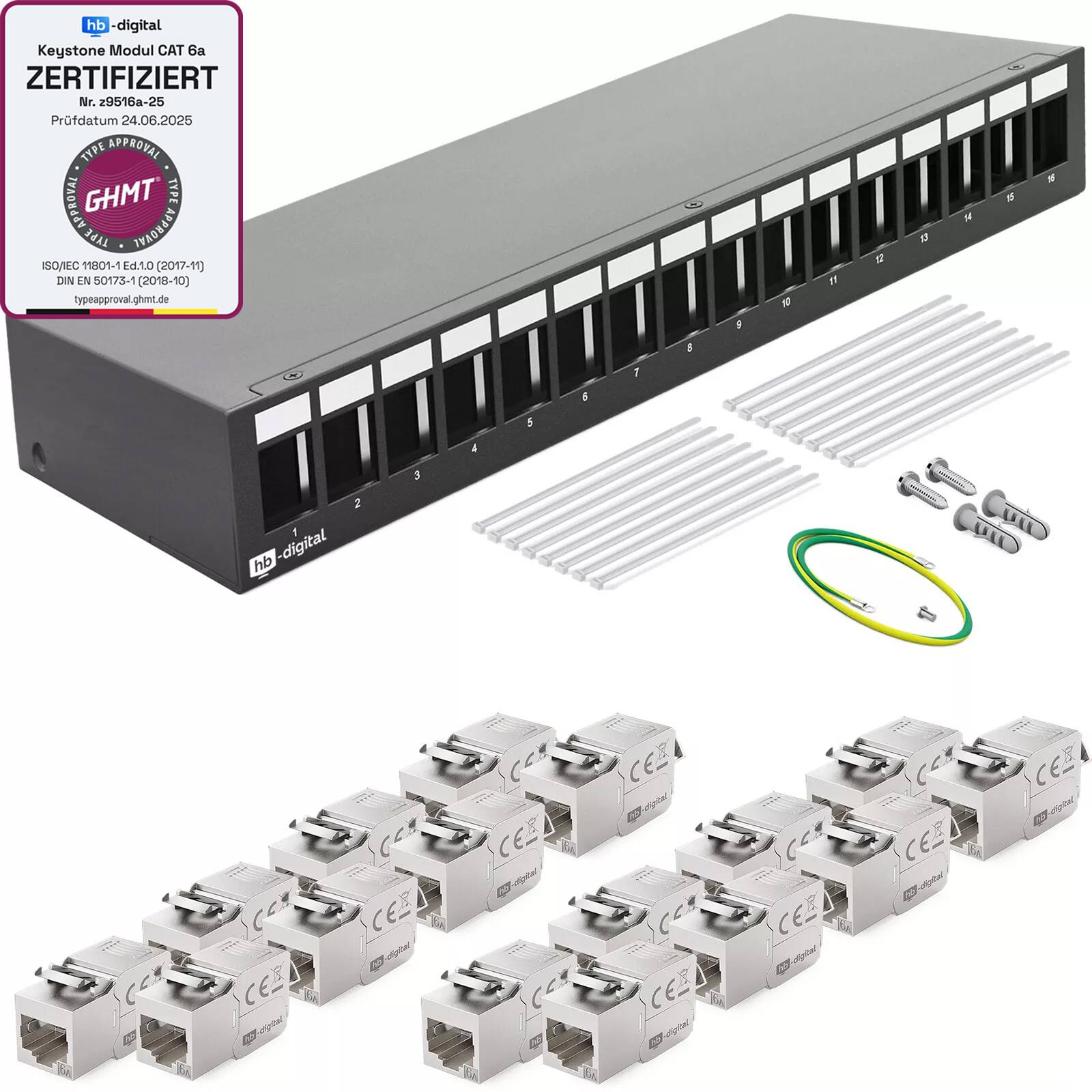 hb-digital Patchfeld 16 Port mit 16 x Keystone Module Cat 6a schwarz