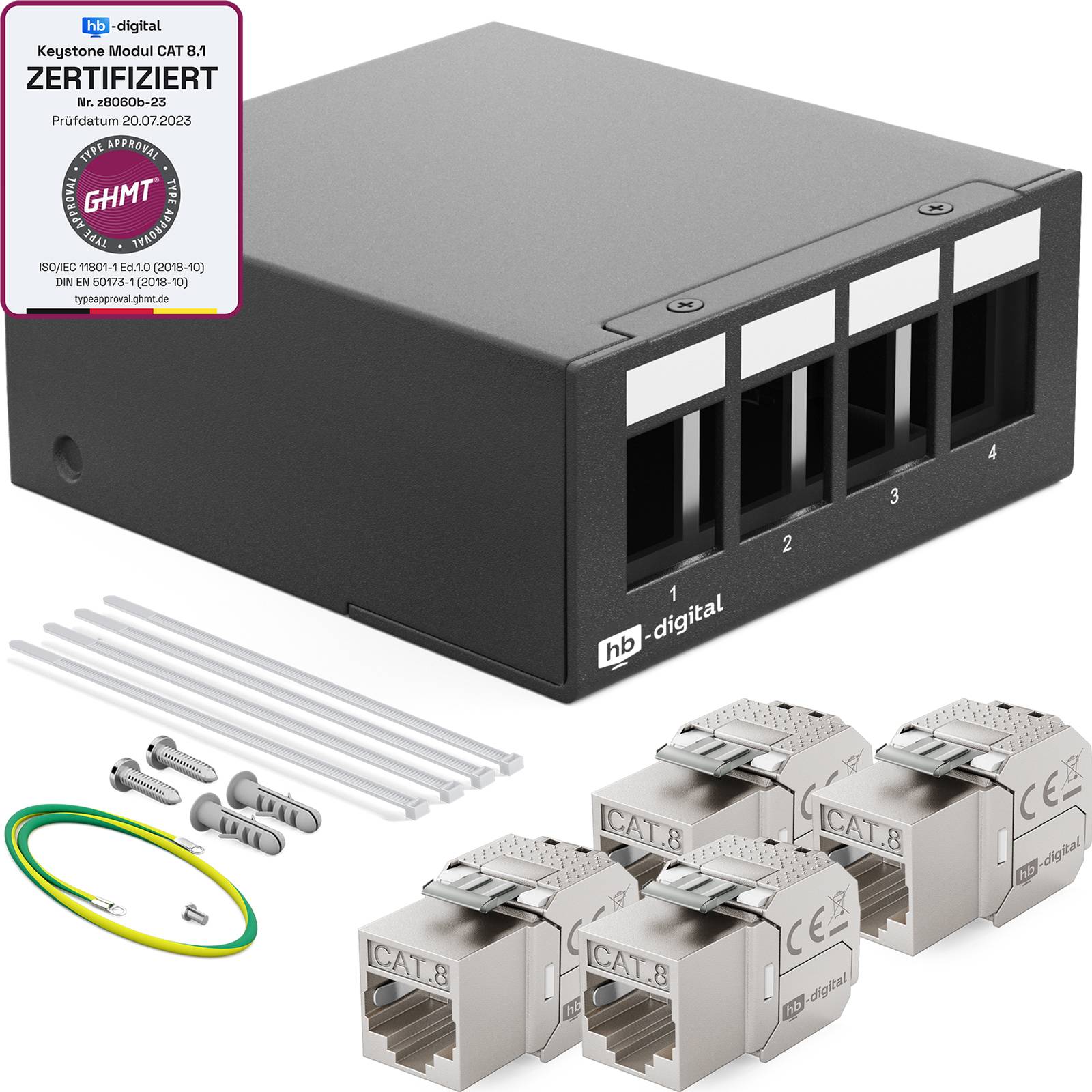 hb-digital Patch Panel 4 Port mit 4 x Keystone Module Cat 8 schwarz