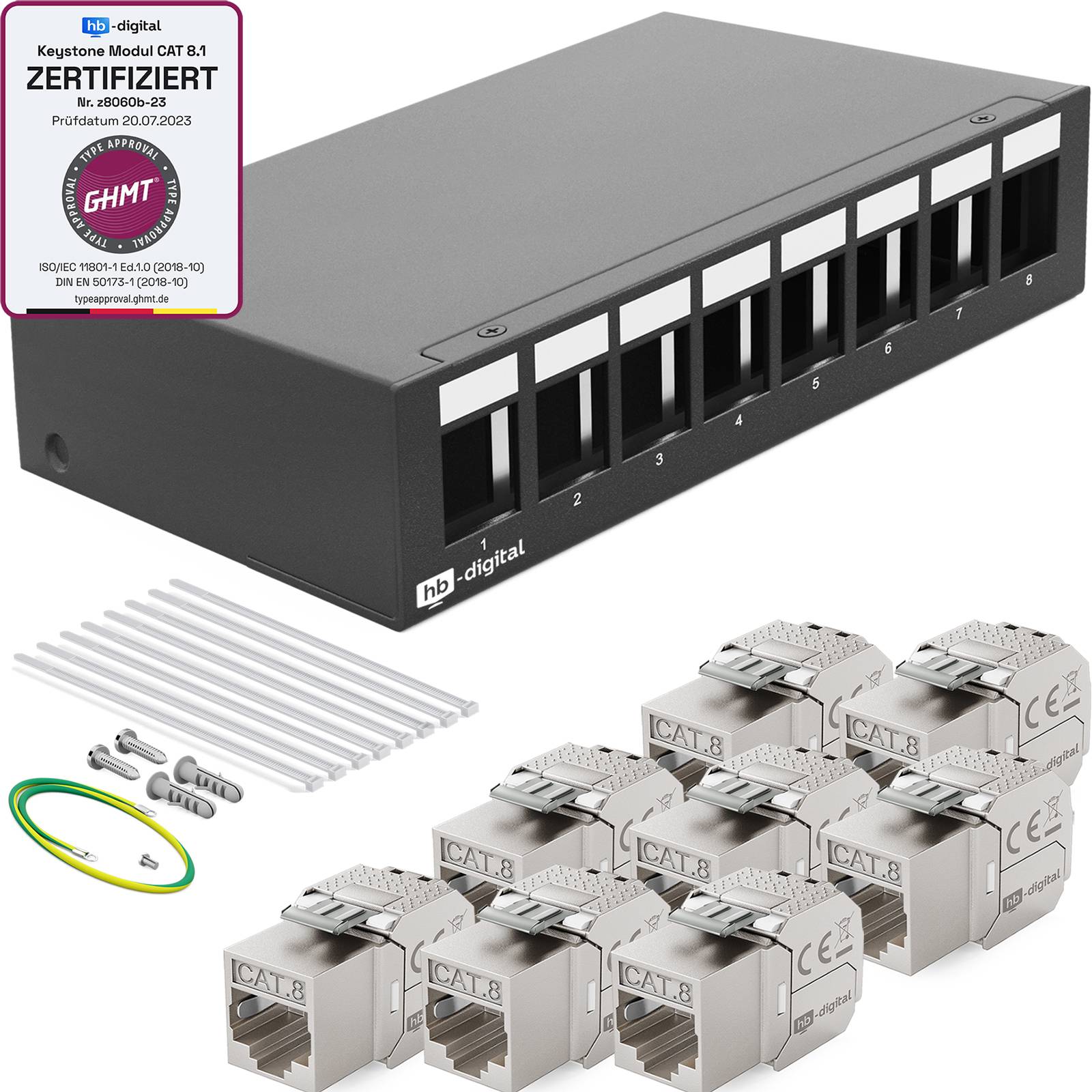 hb-digital Patchpanel 8 Port mit 8 x Keystone Module Cat 8 schwarz