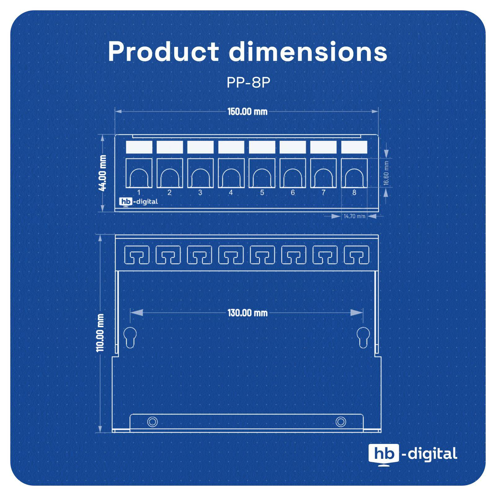 hb-digital Patchpanel 8 Port für Keystone Module Patchfeld Gehäuse hellgrau