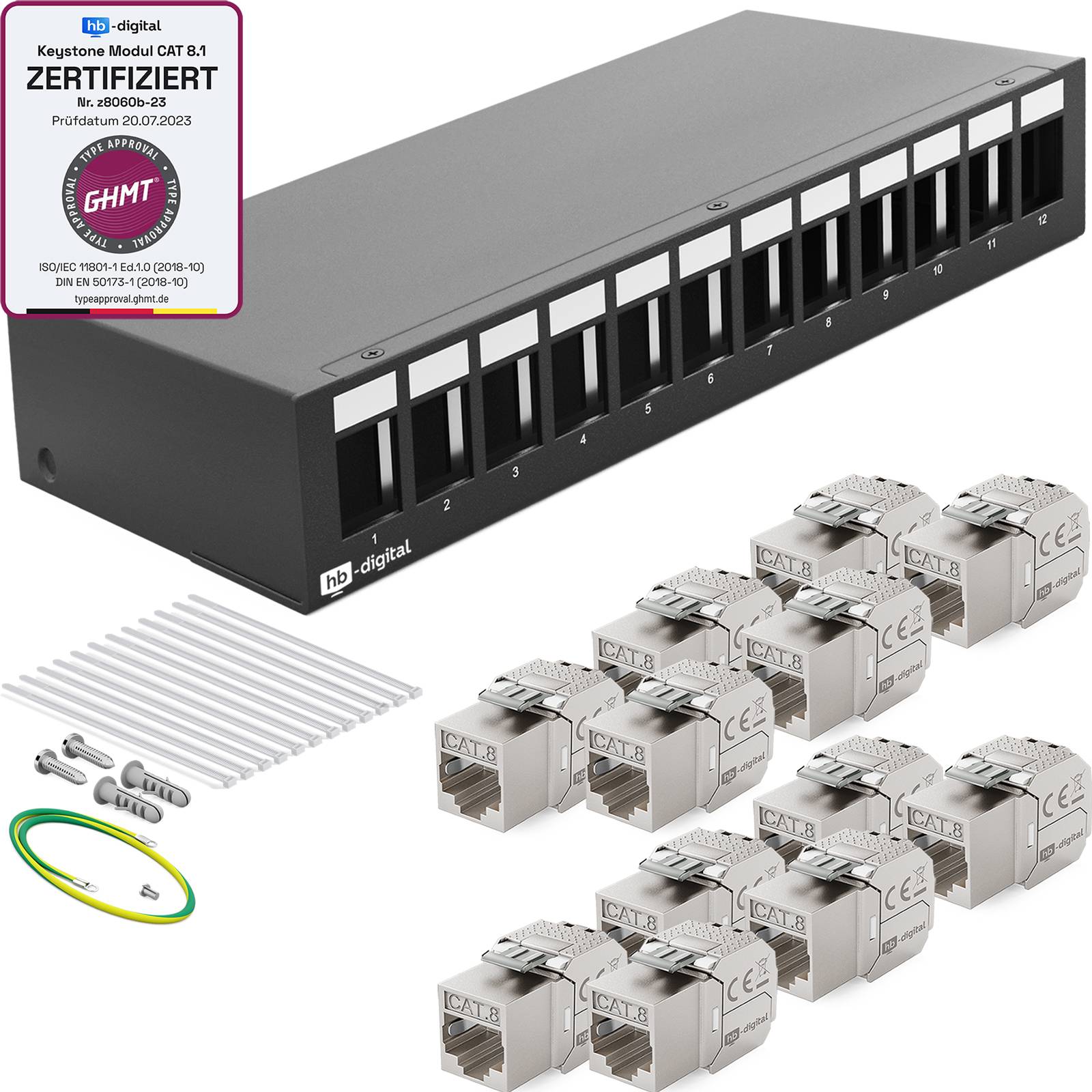 hb-digital Patchpanel 12 Port mit 12 x Keystone Module Cat 8 schwarz