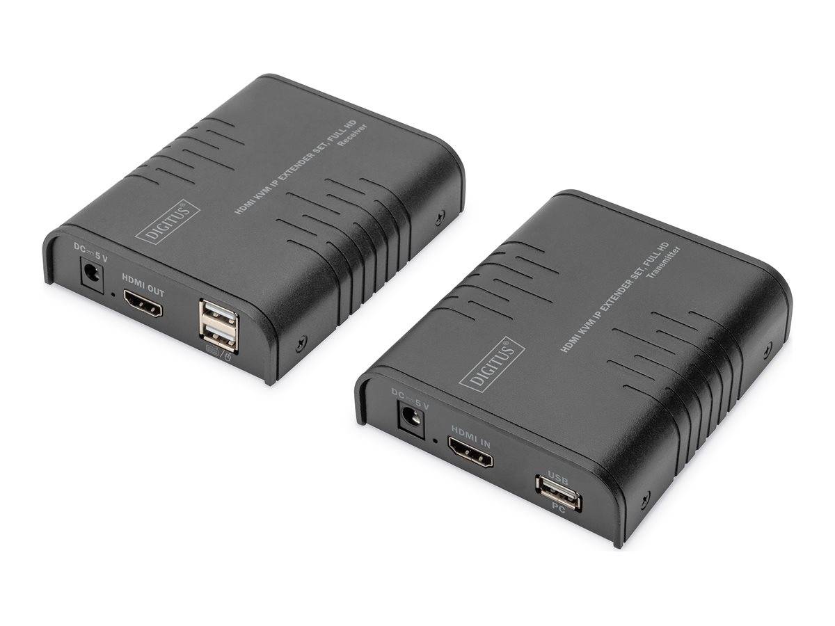 Zwei schwarze Digius HDMI-Splitter/Adapter von oben gezeigt, jeweils mit HDMI-Ein-/Ausgängen und USB-Stromversorgungsanschluss.