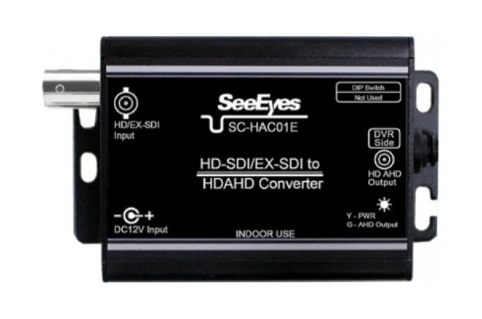 SeeEyes SC-HAC01E HD-SDI/EX-SDI zu HDAHD Konverterbox mit HD/EX-SDI Eingang, HD/AD Ausgang und DC 12V Stromeingang.