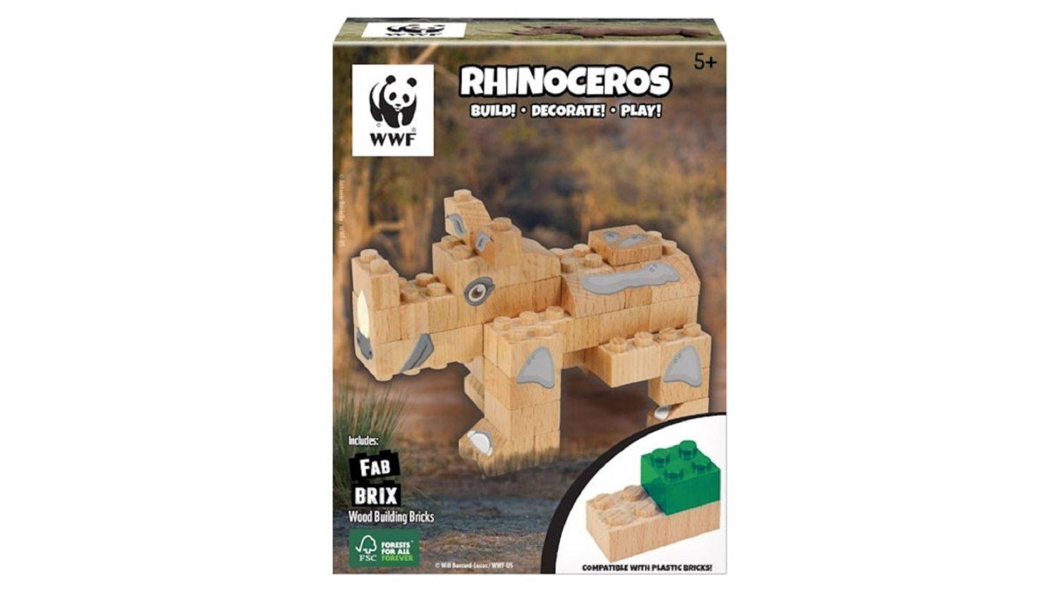 FabBrix WWF Wooden Bricks Rhino Holzbausteine, Klemmbausteine aus zertifiziertem Buchenholz