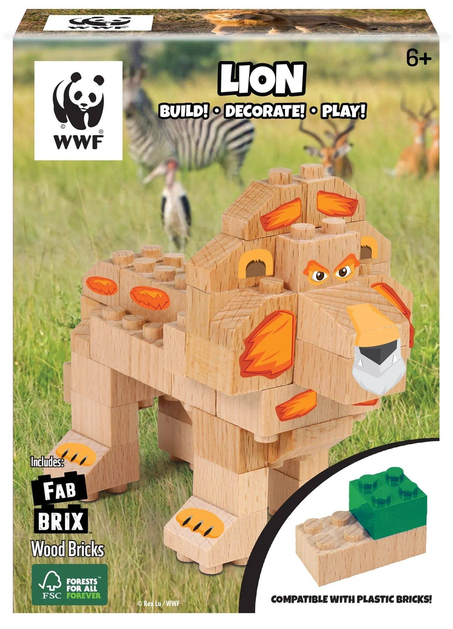 FabBrix WWF Wooden Bricks Löwe Holzbausteine, Klemmbausteine aus zertifiziertem Buchenholz