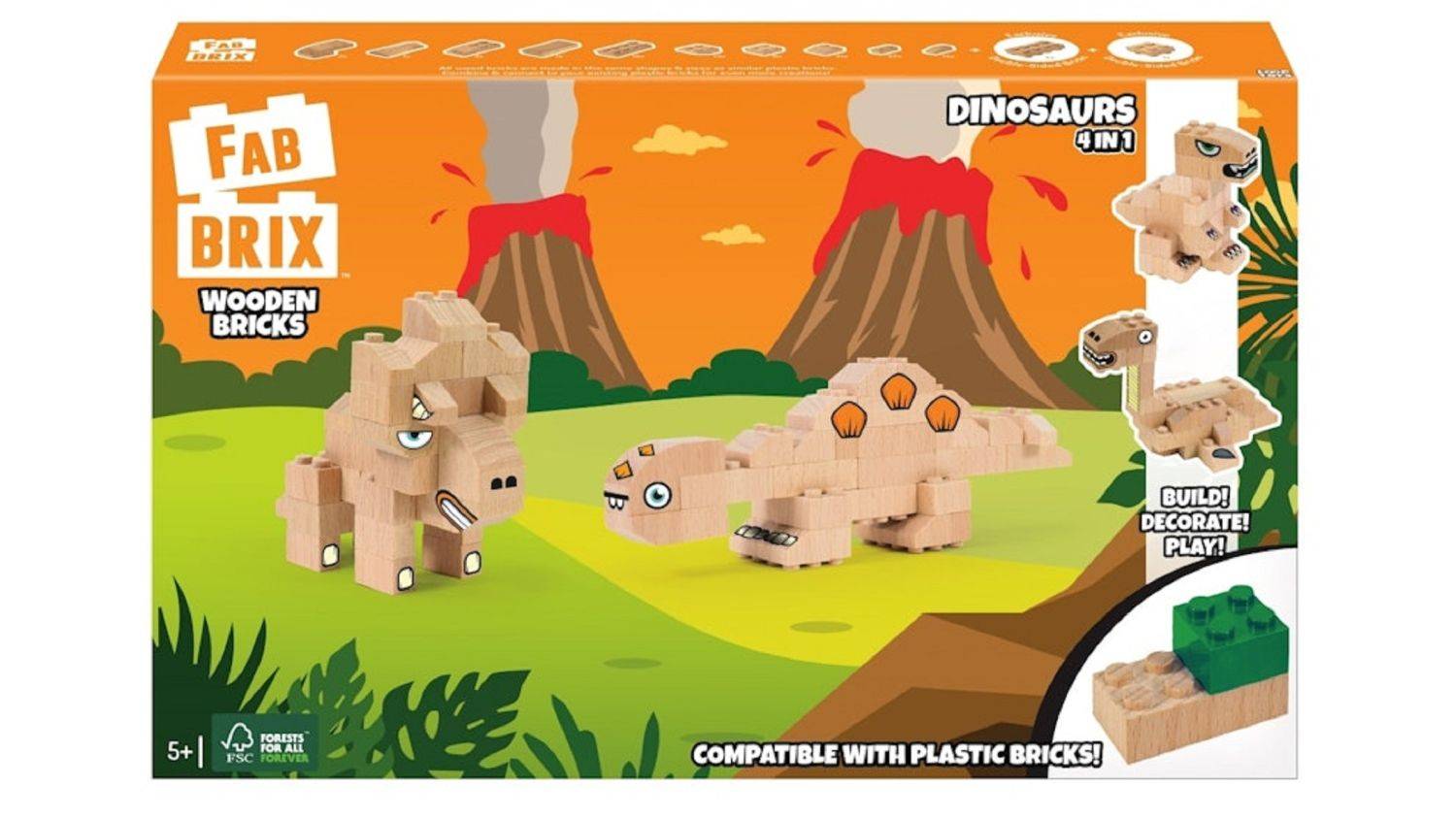 FabBrix Dinosaurs FB-1817 Holzbausteine, Klemmbausteine aus zertifiziertem Buchenholz