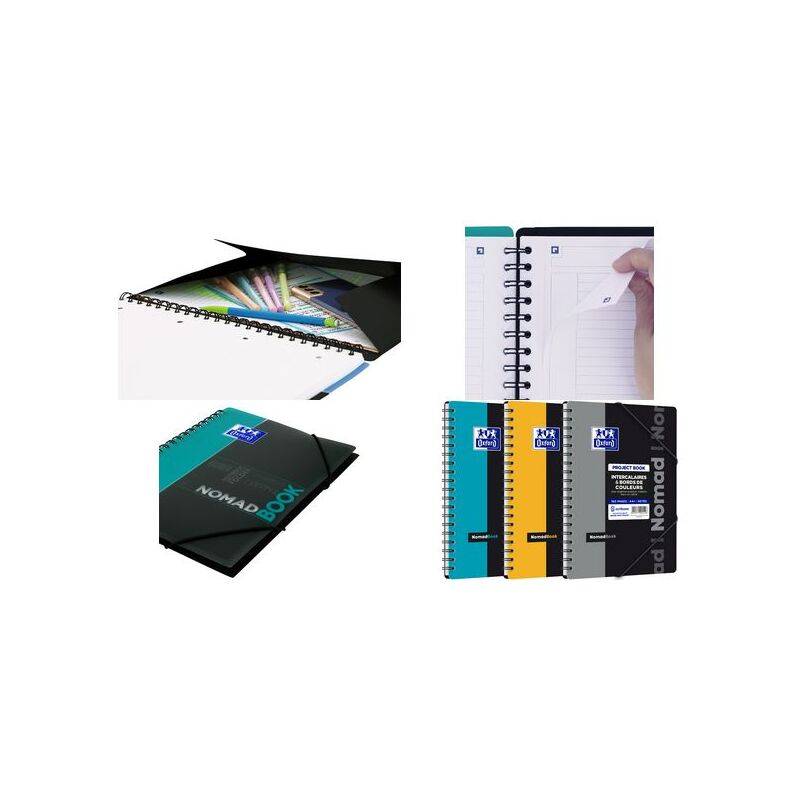 Drei Spiralblöcke mit Umschlägen, beschriftet mit 'Oxford Nomad Book'. Ein Notizbuch ist geöffnet und zeigt linierte Seiten; ein anderer Block enthält bunte Buntstifte.
