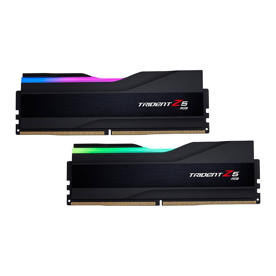 Zwei schwarze Trident Z5 RGB RAM-Module mit farbiger LED-Beleuchtung oben.