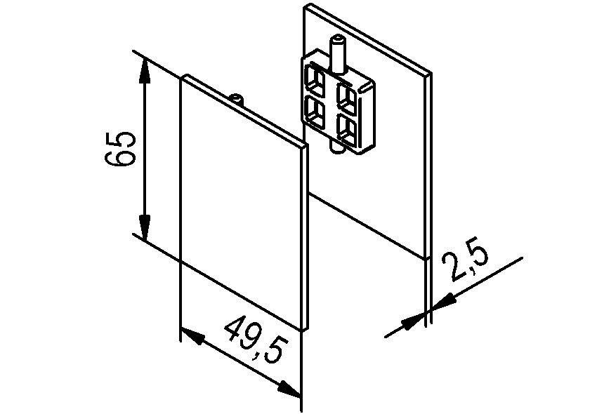 Diagramm von zwei rechteckigen Platten mit einem Scharnier. Die größere Platte ist 65 x 49,5 mm groß, und die kleinere verbundene Platte ist 2,5 mm dick.