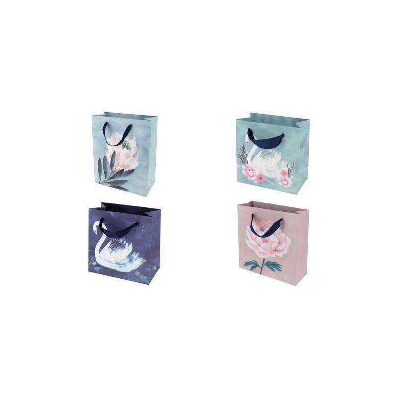 Vier kleine Blumen-Geschenktüten in Pastellblau, Blaugrün, Lila und Rosa in einem 2x2-Gitter auf weißem Hintergrund angeordnet.