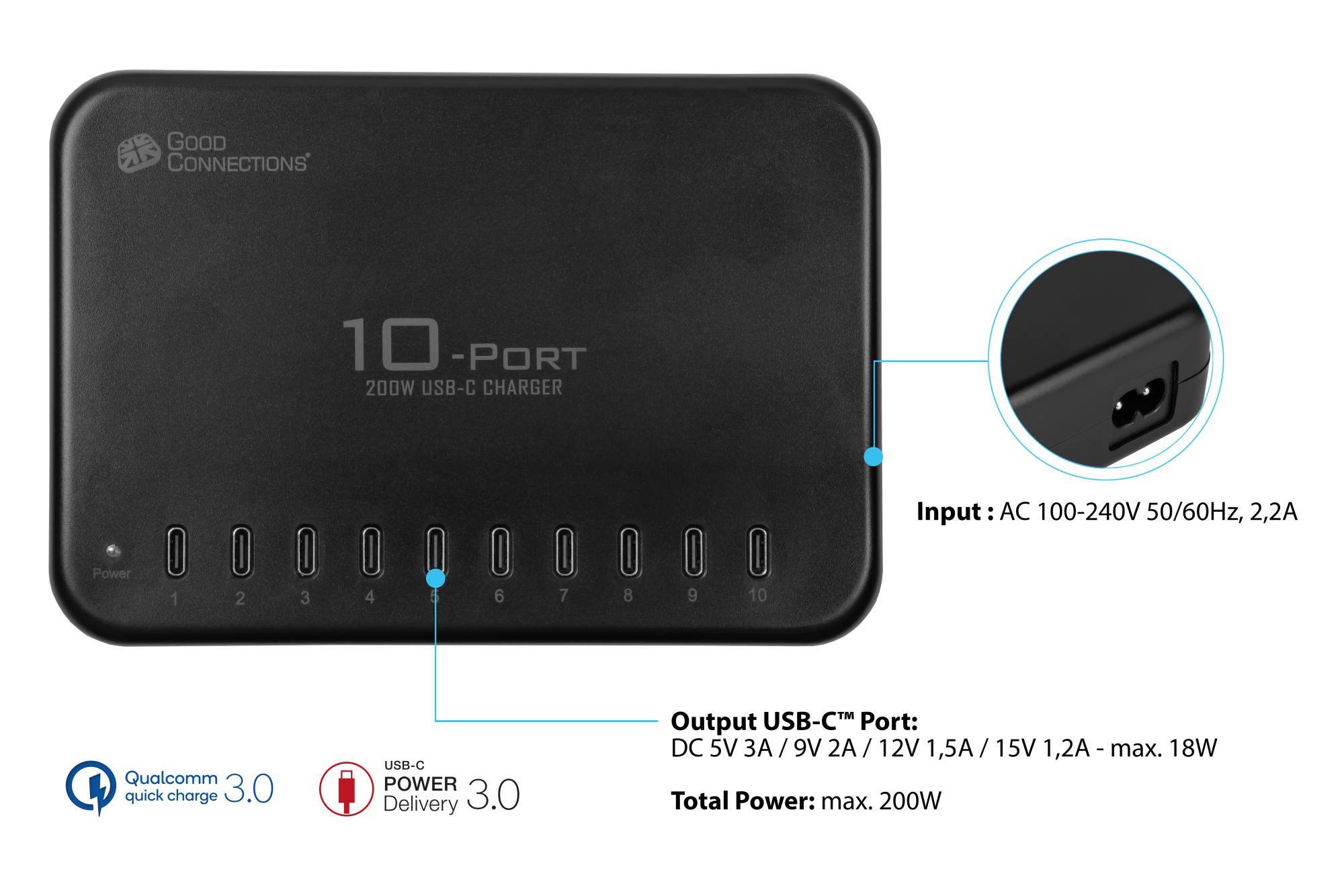 USB-Desktop-Schnellladestation 200W, 10-Port (10x USB-C™), schwarz, Good Connections®