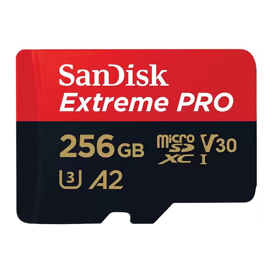 SanDisk Extreme PRO 256 GB microSD-Karte mit A2-, U3- und V30-Funktionen auf dem Etikett angegeben.