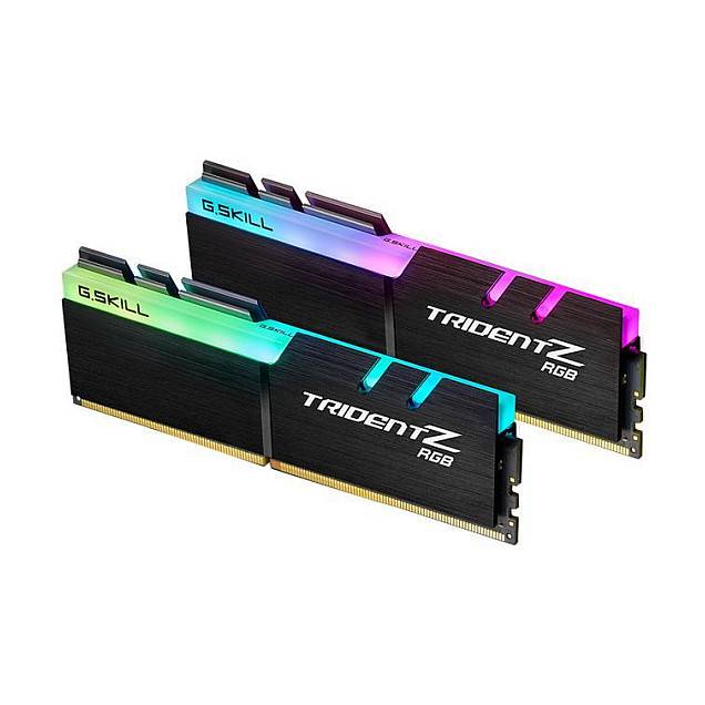 Zwei G.Skill Trident Z RGB RAM-Module mit schwarzen Kühlkörpern und mehrfarbiger RGB-Beleuchtung oben, die das Markenlogo des Unternehmens zeigen.