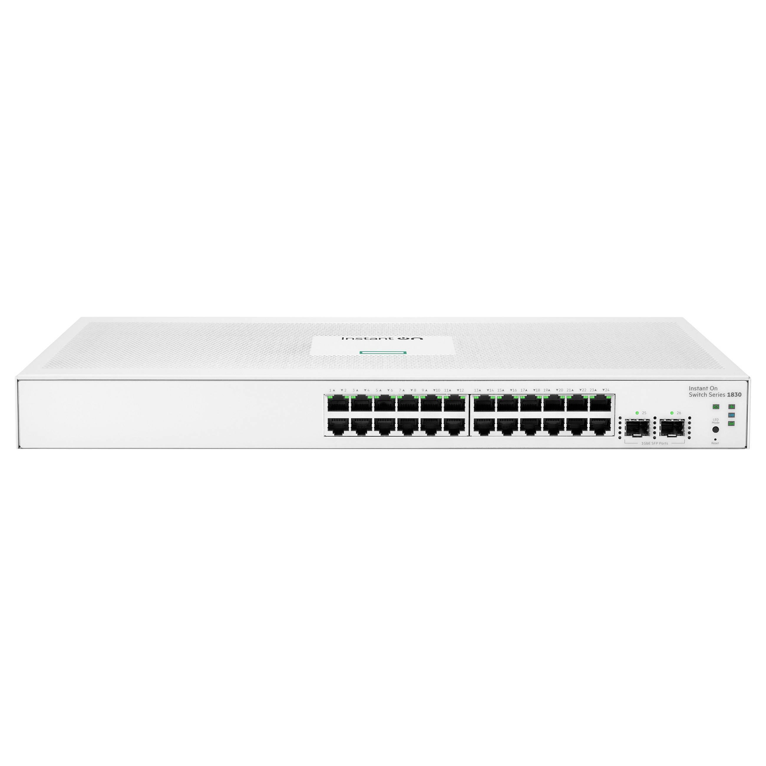 Ein weißer Netzwerk-Switch mit 24 Ethernet-Anschlüssen und 2 SFP-Ports auf der Frontseite, entwickelt zur Verwaltung der IT-Netzwerkverbindung.