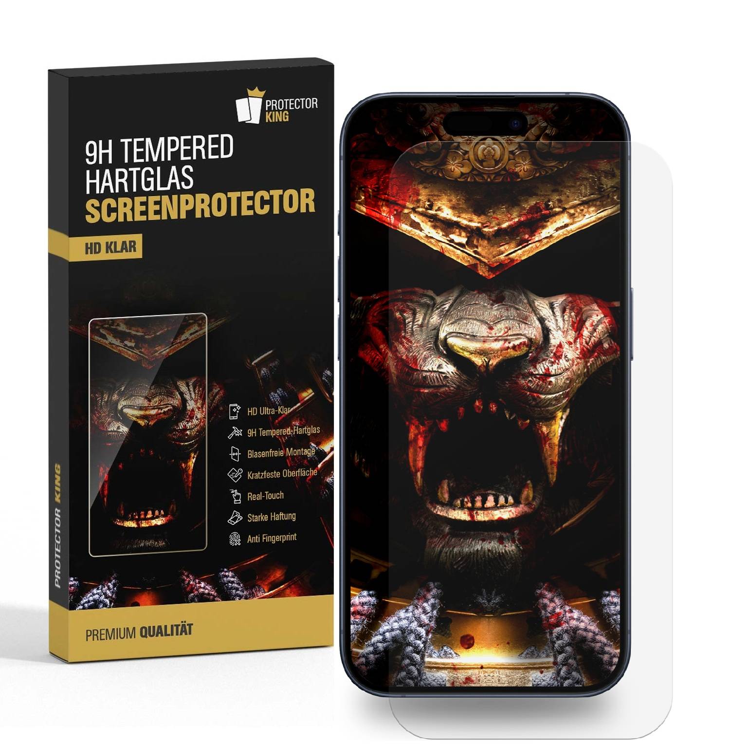 Protector King' Displayschutzfolien-Verpackung neben einem Smartphone mit beeindruckendem Löwengrafik. Der Text hebt Funktionen wie 9H-Härte und HD-Klarheit hervor.
