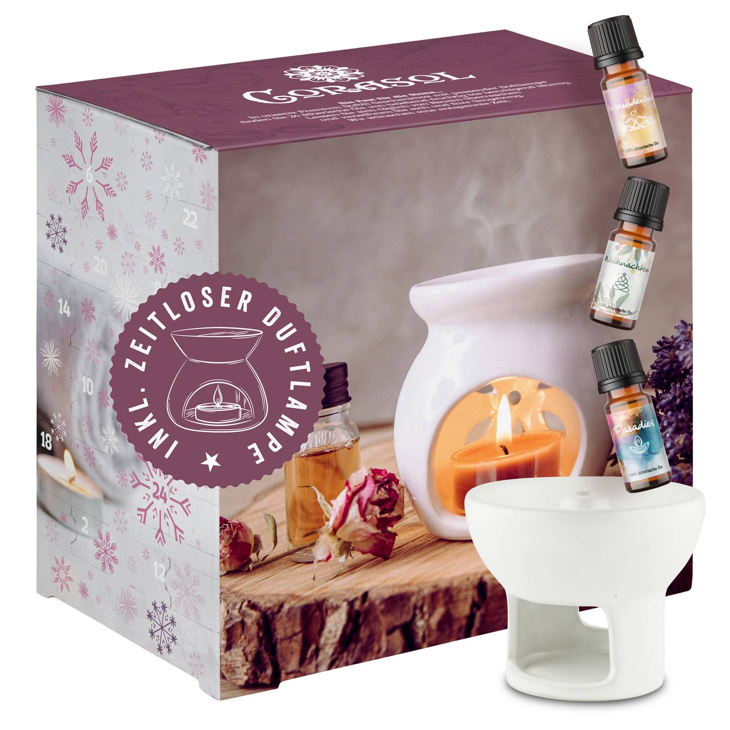 Corasol Premium Wellness Duftöl Adventskalender mit 24 ätherischen Ölen & zeitloser Duftlampe (240 ml)