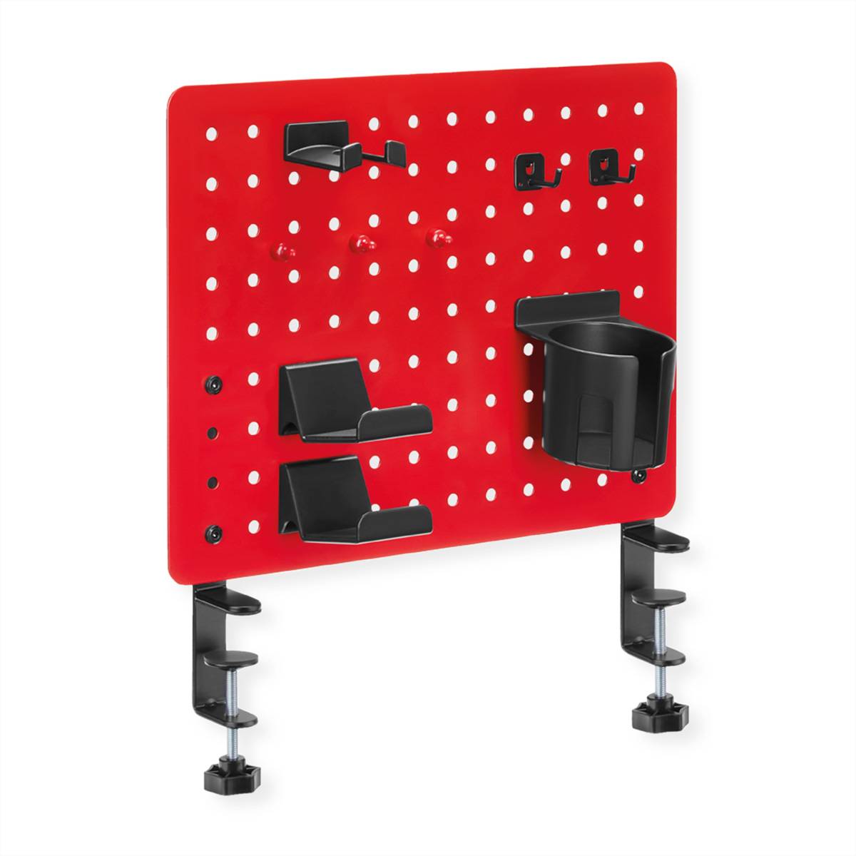 Rotes Pegboard-Organisationsboard mit mehreren angebrachten schwarzen Lagerhaken und einem Becherhalter, unterstützt durch verstellbare Beine