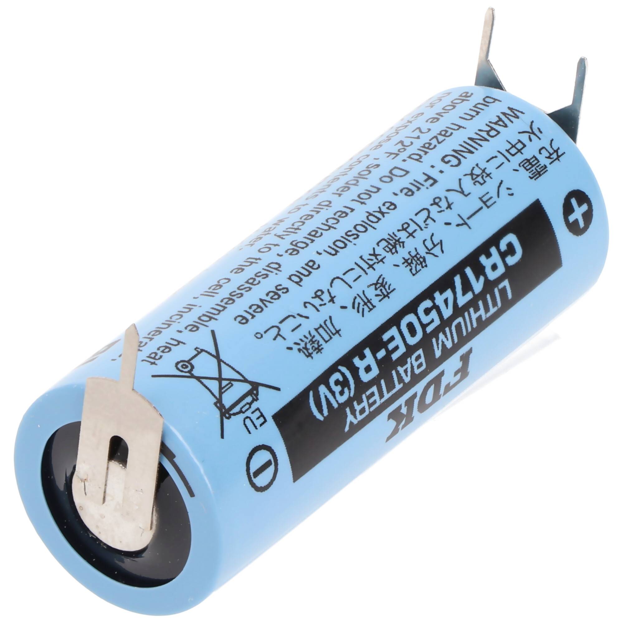 Blaue zylindrische Lithium-AA-Batterie mit sichtbaren positiven und negativen Anschlüssen und aufgedrucktem Warntext.