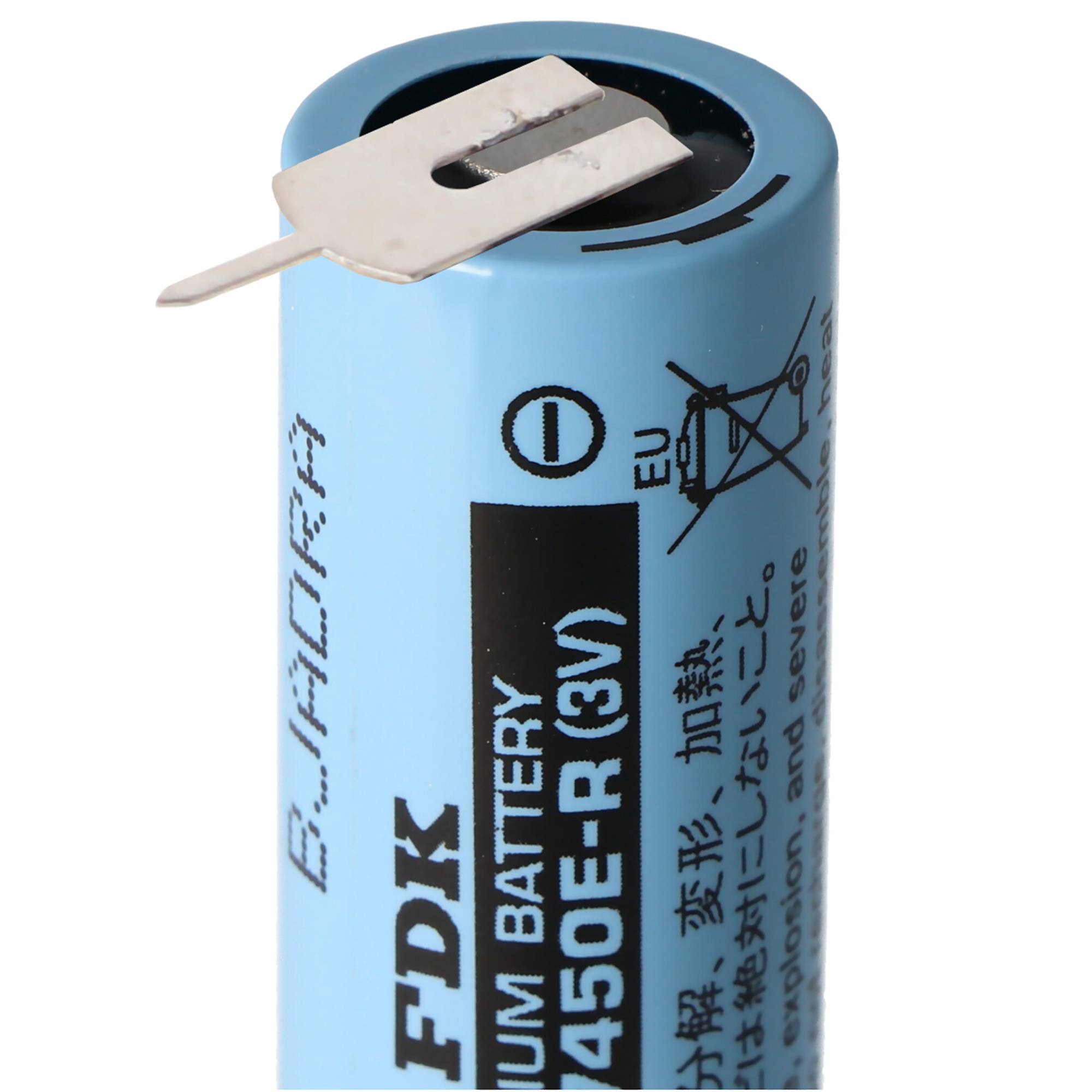 Blaue zylindrische 3V-Lithiumbatterie mit Metalllasche und gedruckten Warnhinweisen.
