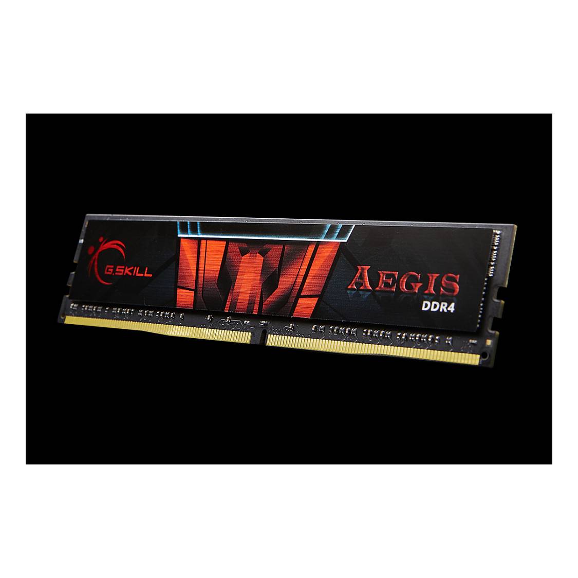 G.SKILL AEGIS DDR4 RAM-Modul vor schwarzem Hintergrund; zeigt Markenlogo und Produktname in Rot und Weiß.