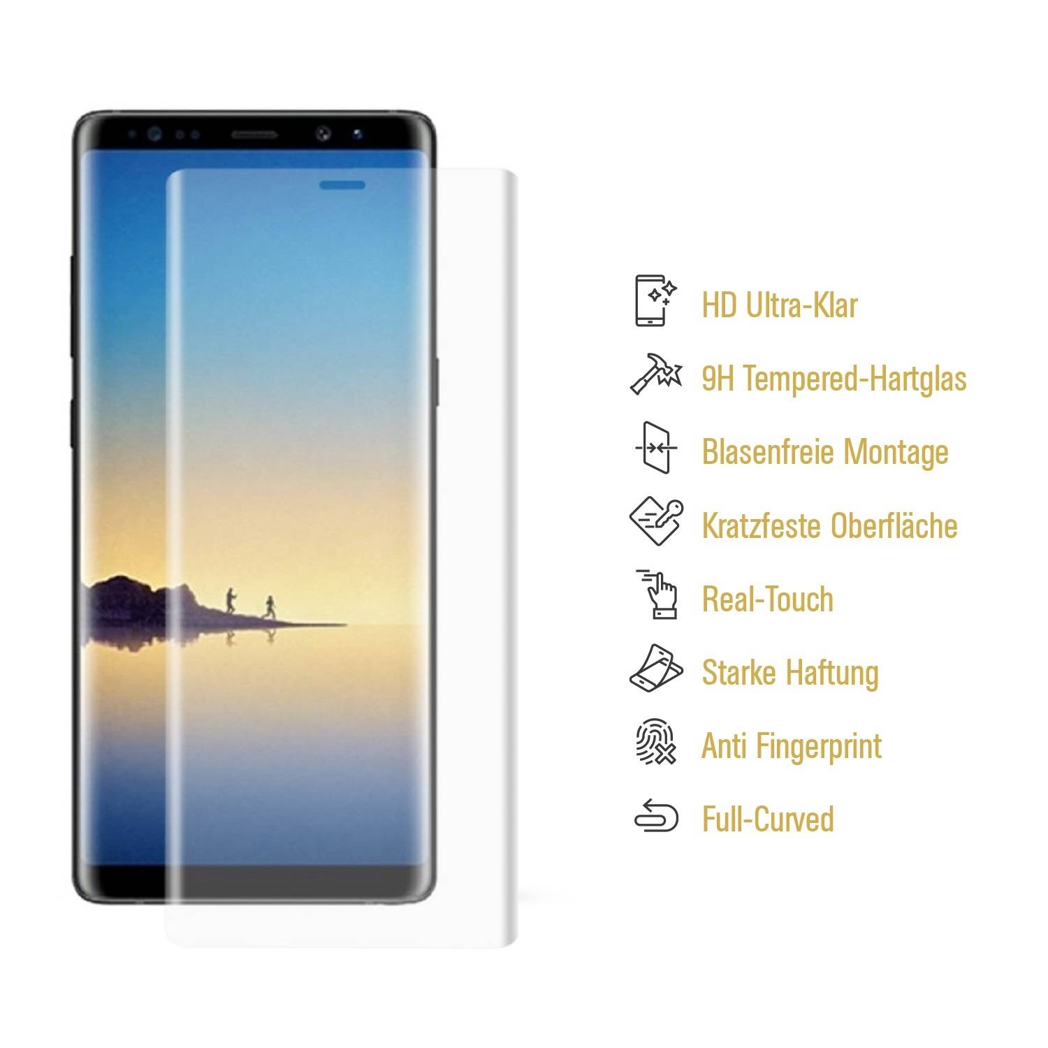 2x 9H Hartglas für Samsung Galaxy Note 8 FULL CURVED Schutzglas Schutzfolie Displayschutz Panzerfolie KLAR Panzerglas Tempered echtes Displayglas