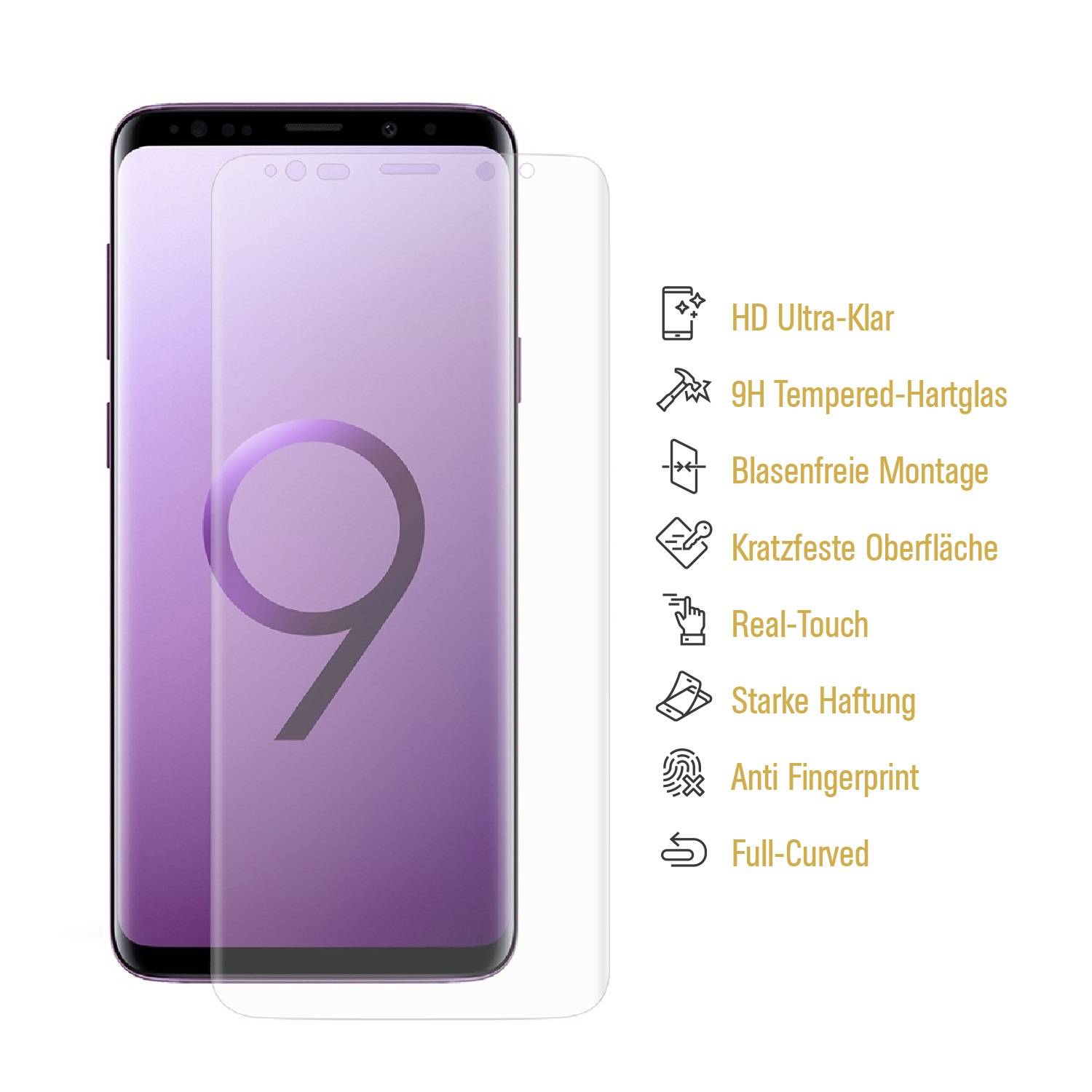 1x 9H Hartglas für Samsung Galaxy S9 Plus FULL CURVED Displayschutz Panzerfolie KLAR Schutzglas Panzerglas Schutzfolie Displayglas Glasfolie Echtes