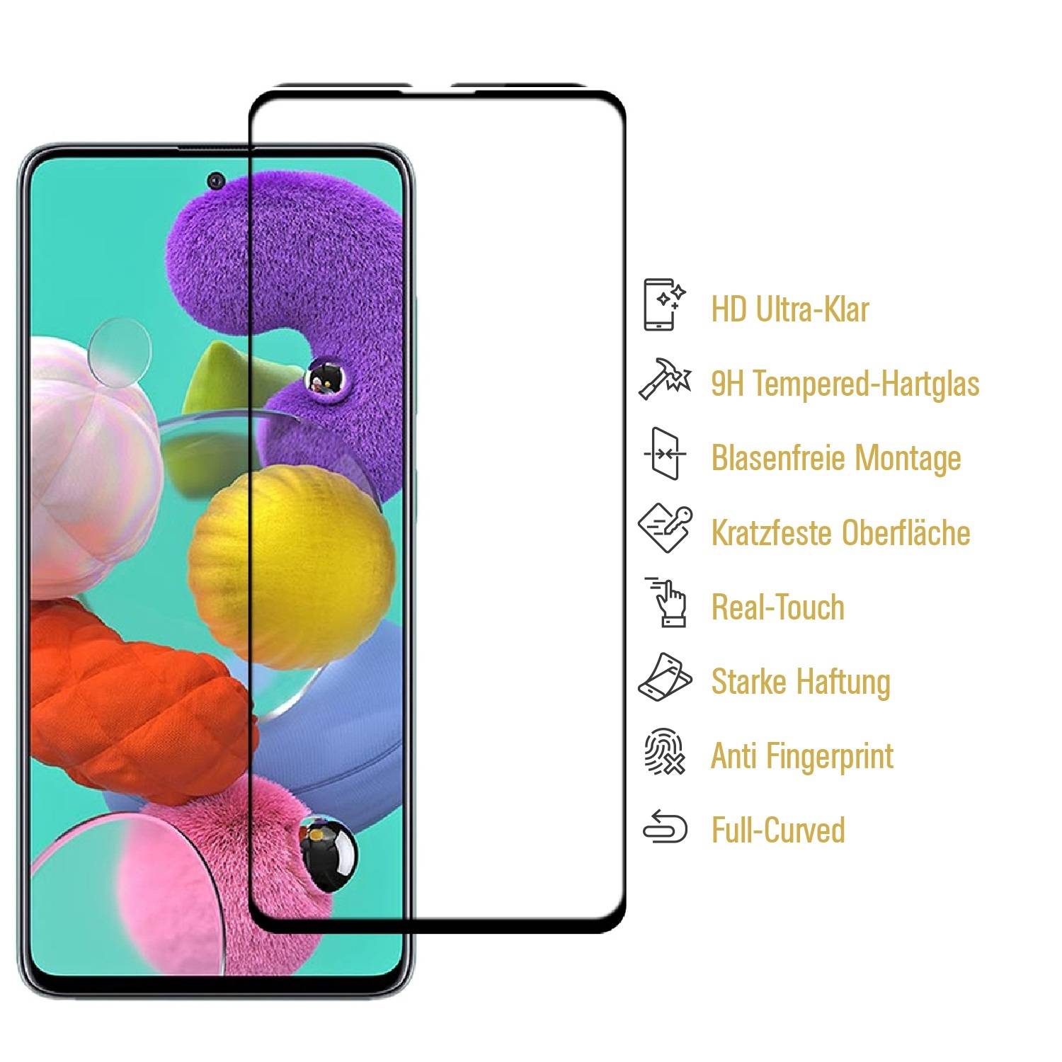 1x 9H Hartglas für Samsung Galaxy A51 FULL COVER Panzerfolie Displayschutz KLAR SW Panzerglas Schutzglas Schutzfolie