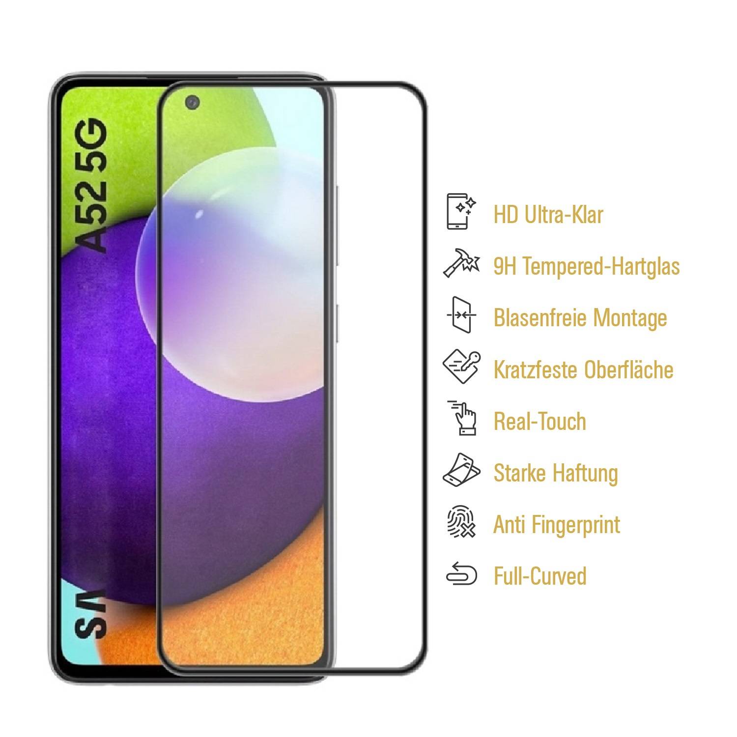 4x 9H Hartglas für Samsung Galaxy A52 FULL COVER Schutzfolie Schutzglas SW Displayglas Tempered Glasfolie Panzerglas Sicherheitsglas Echtglas