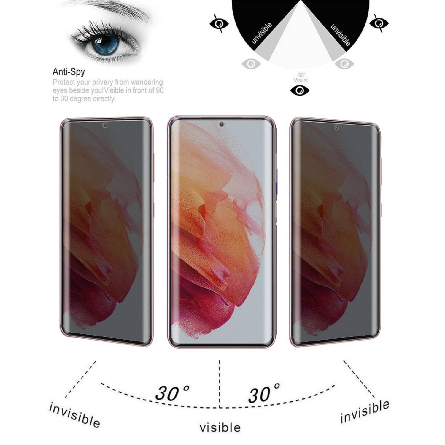 3x Blickschutz 9H Panzerglas für Samsung Galaxy S21 Ultra FULL CURVED ANTI-SPY PRIVACY Displayschutz Schutzglas Panzerfolie Schutzfolie echtes