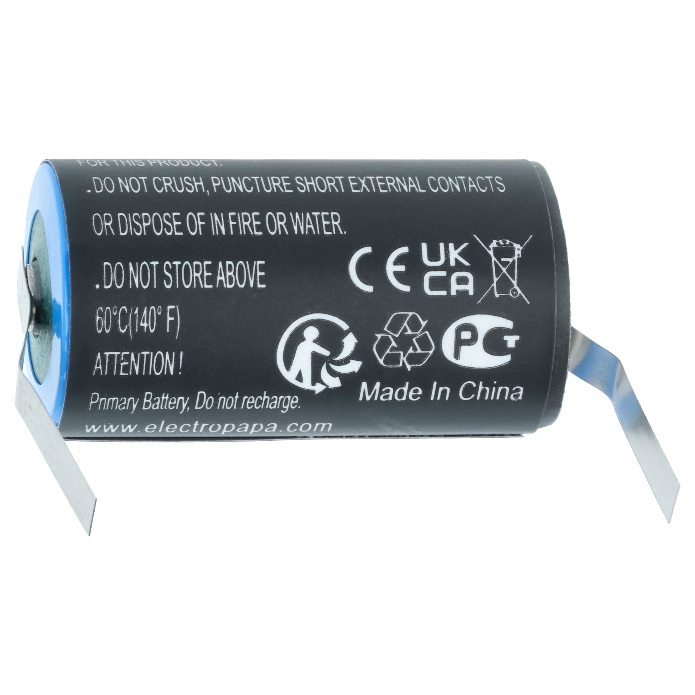 Eine zylindrische schwarze Batterie mit Warnhinweis: „Nicht zerquetschen, durchstechen, Kontakte nicht kurzschließen oder in Feuer oder Wasser entsorgen. Nicht über 60°C (140°F) lagern.