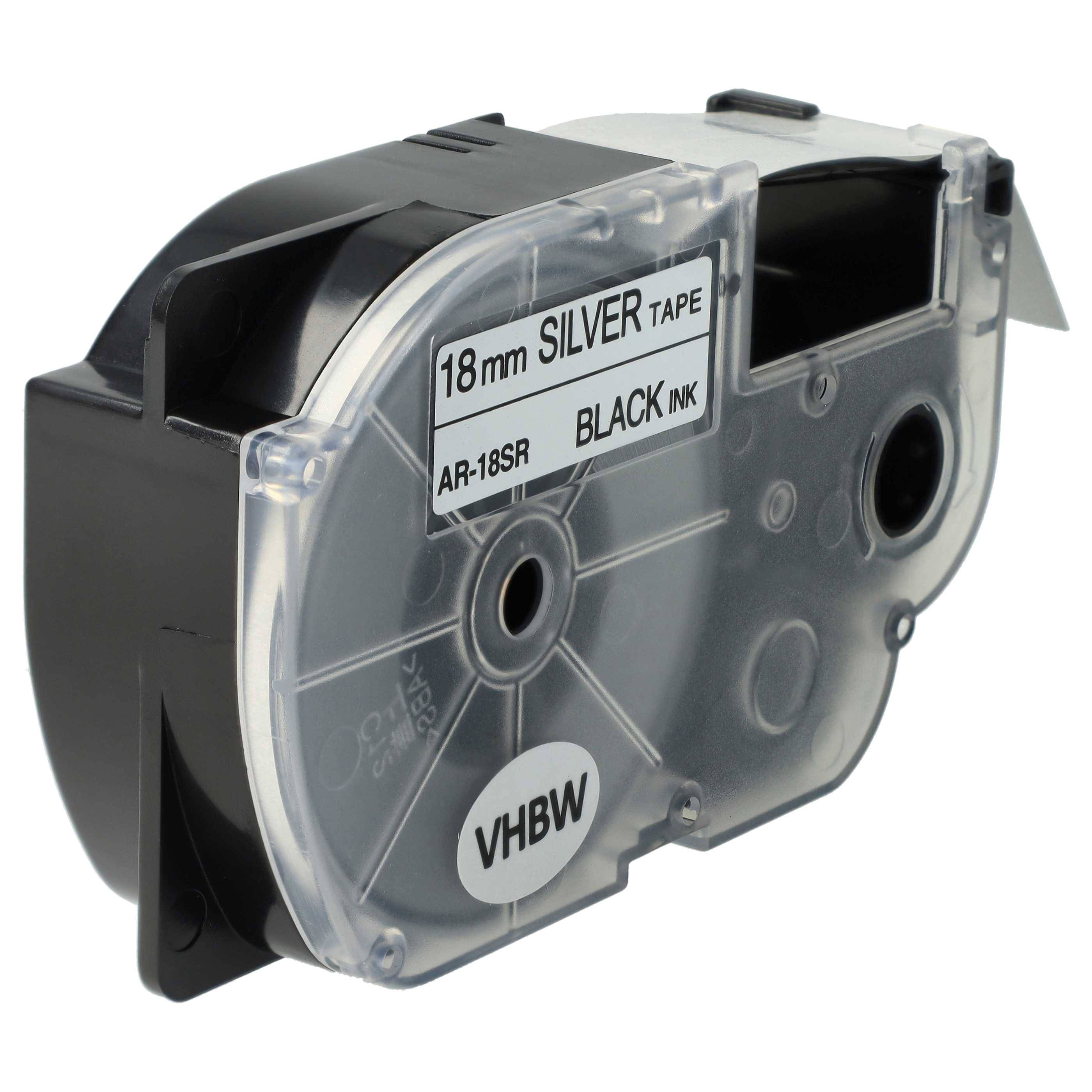 vhbw Schriftband-Kassette kompatibel mit Casio KL-130, KL-100E, KL-120, KL-1500, CW-L300 Etiketten-Drucker 8m x 18mm Schwarz auf Silber, pet+ RESIN