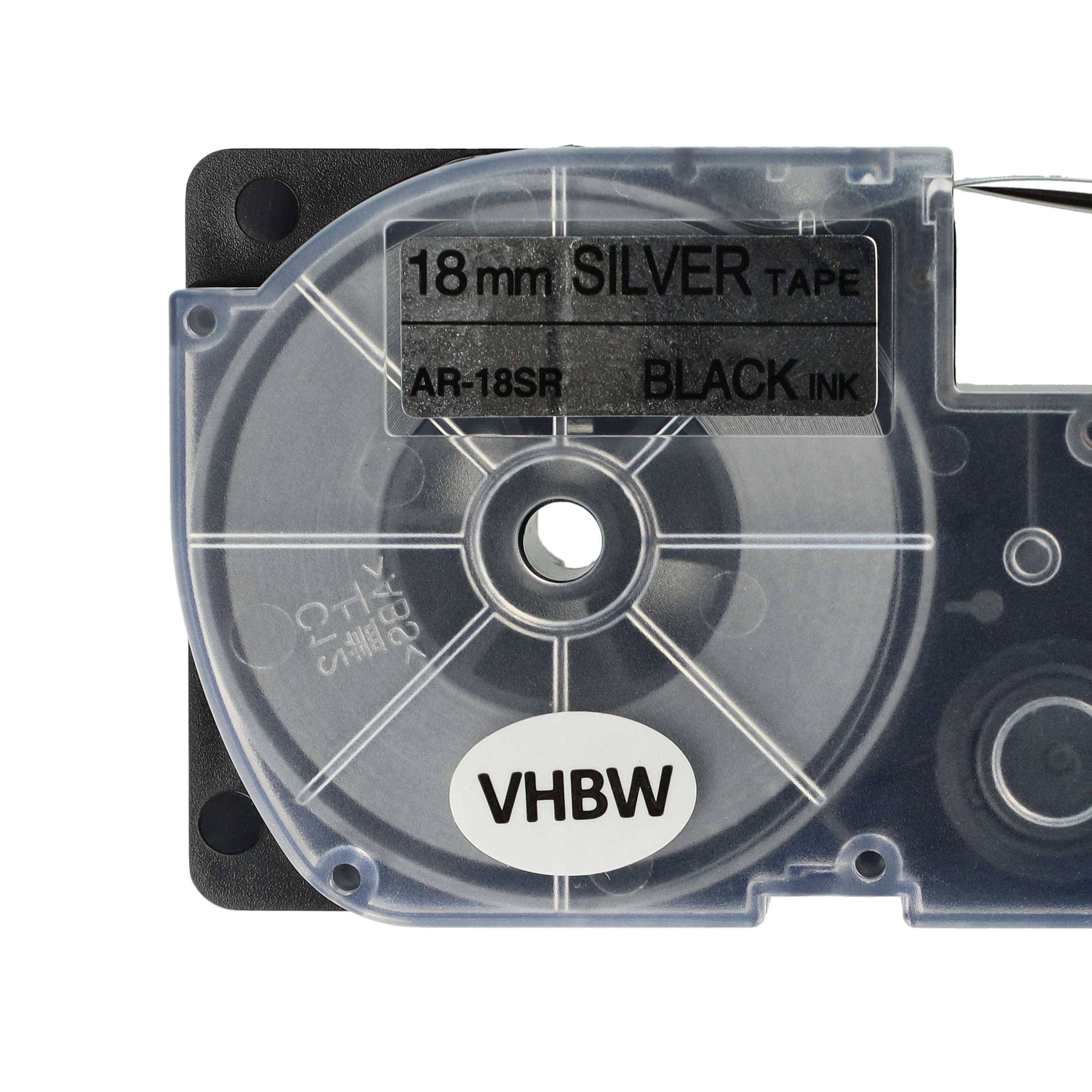 vhbw Schriftband-Kassette kompatibel mit Casio KL-C500, KL-8200, KL-8100, KL-820, KL-780 Etiketten-Drucker 8m x 18mm Schwarz auf Silber, pet+ RESIN