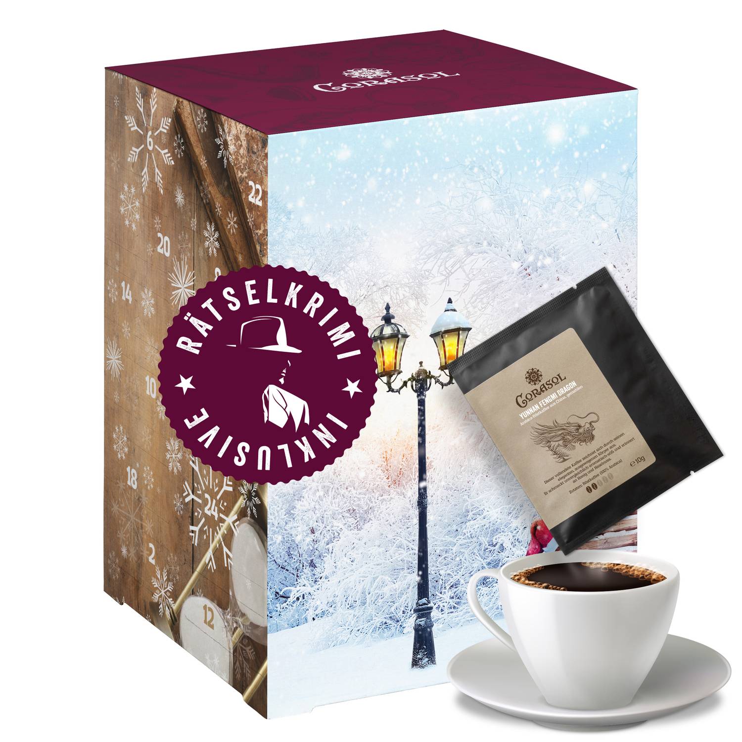 Corasol Premium Krimi & Kaffee Adventskalender mit Rätsel-Krimi: Entführung im Hyde Park & 24 besonderen Kaffees in komfortablen Coffeebags (240 g)