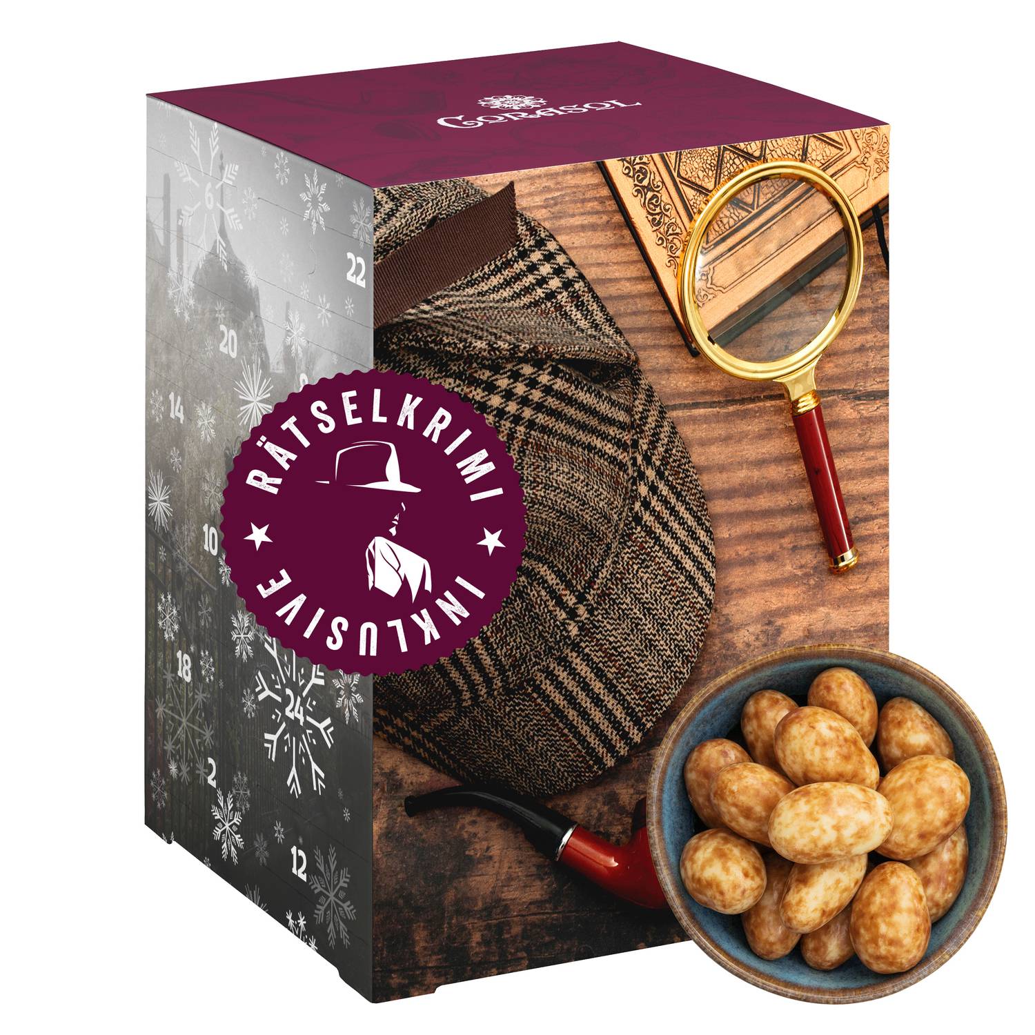 Corasol Snack & Krimi Adventskalender mit Nüssen, Snacks, Schokolade & Krimi-Rätsel Booklet: Wo ist Lord Edgerton? (680 g)