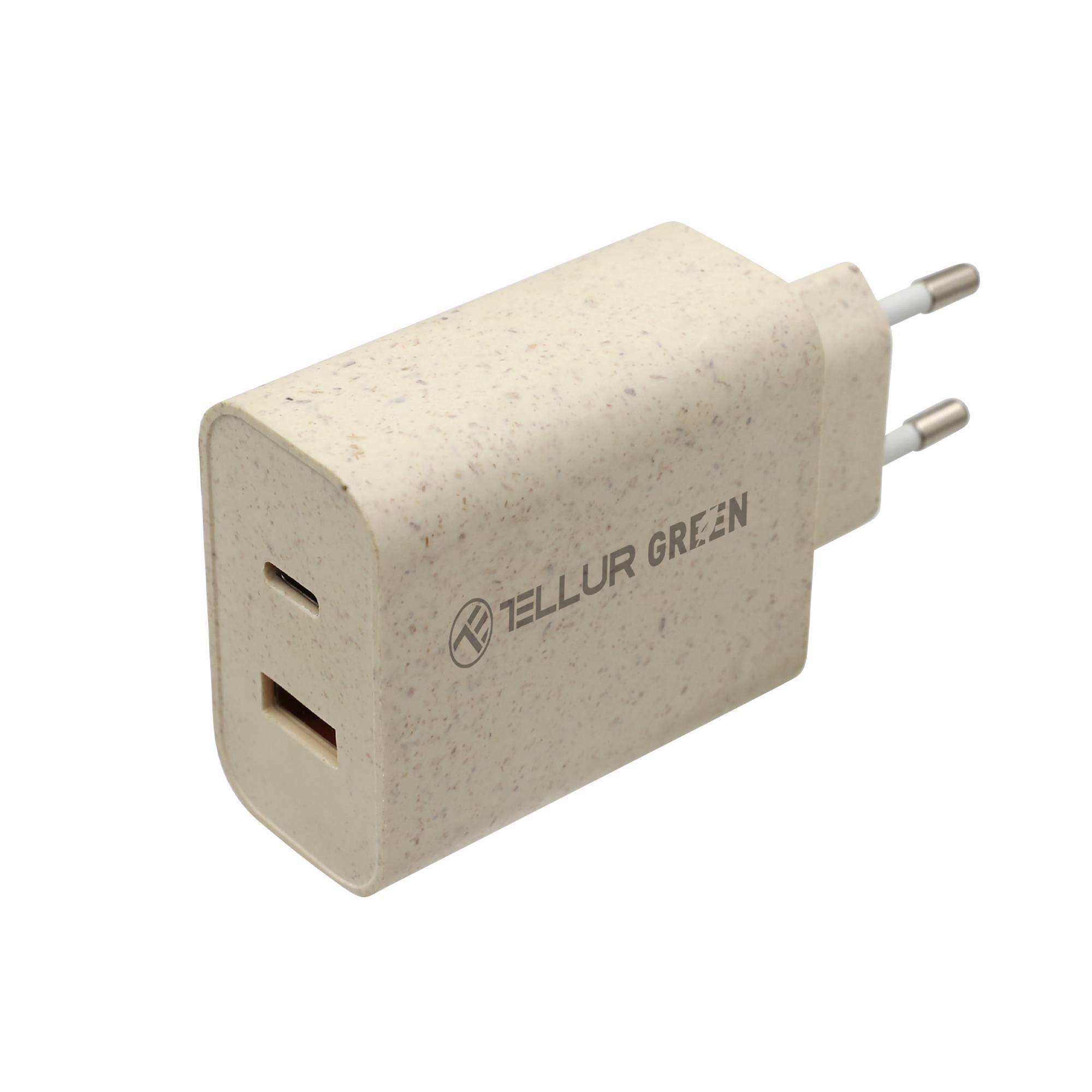 Tellur Green Dual-Port-Wandladegerät, Typ C 38 W, PD20 W + USB QC3.0, Weizenstroh, Creme