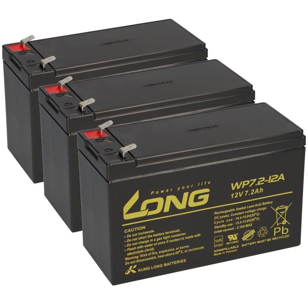 3x Kung Long WP7,2-12A F2 AGM-Akkus 12V 7,2Ah – passend für Benning Enertronic S 1,25kVA