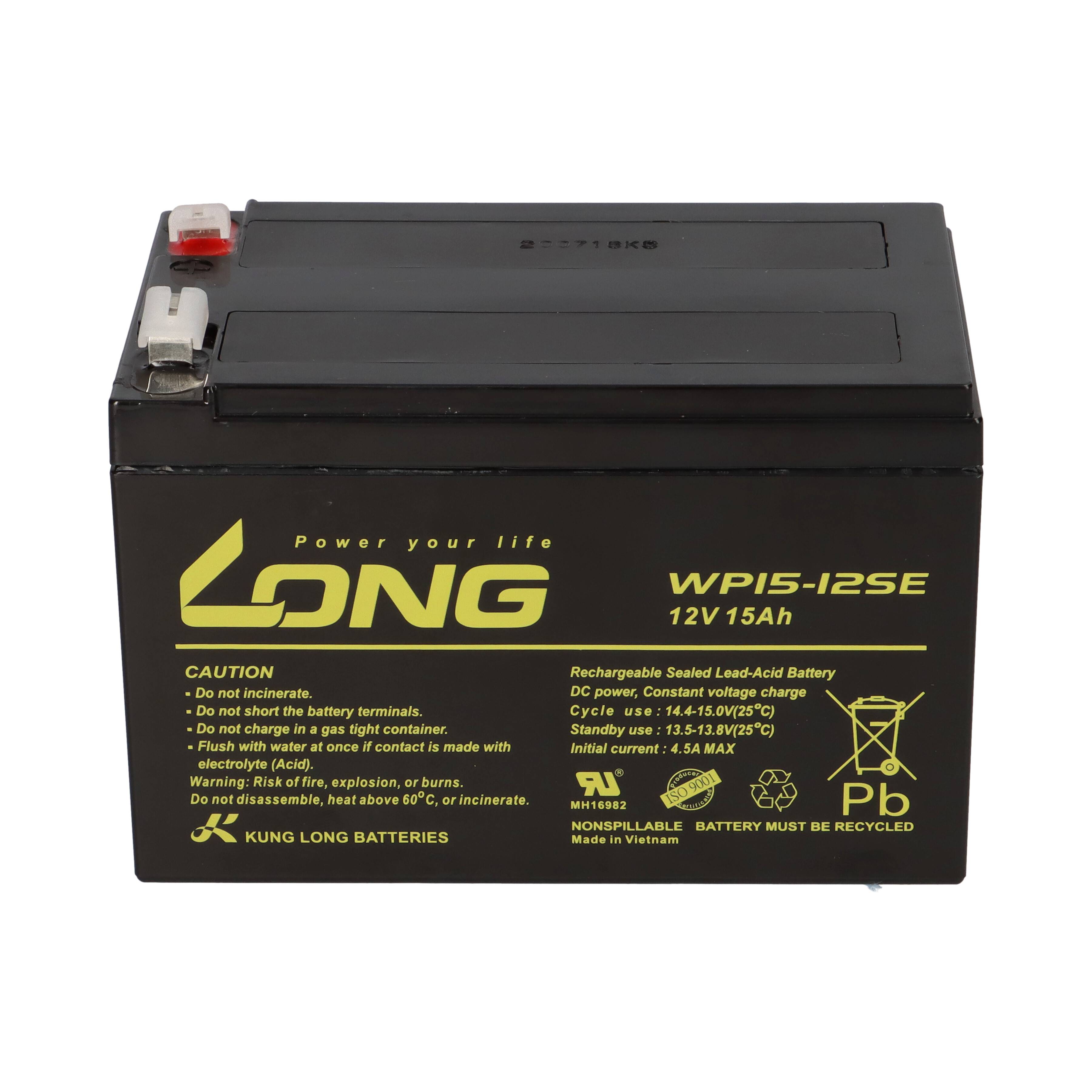 Kung Long WP15-12SE 12V 15Ah AGM Bleiakku F2 6,3mm zyklenfest