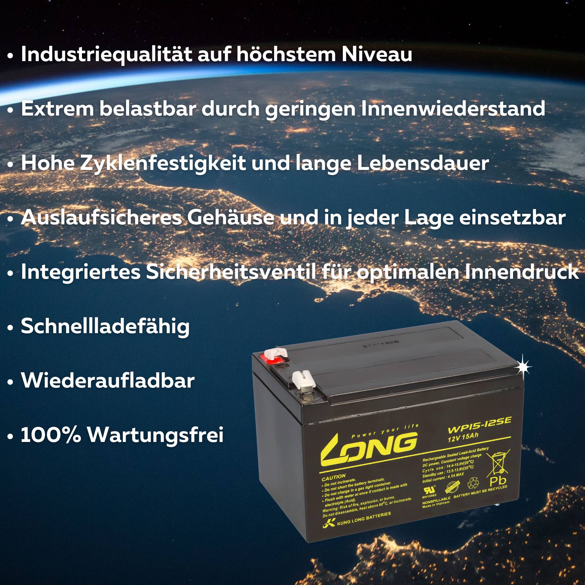 Kung Long WP15-12SE 12V 15Ah AGM Bleiakku F2 6,3mm zyklenfest
