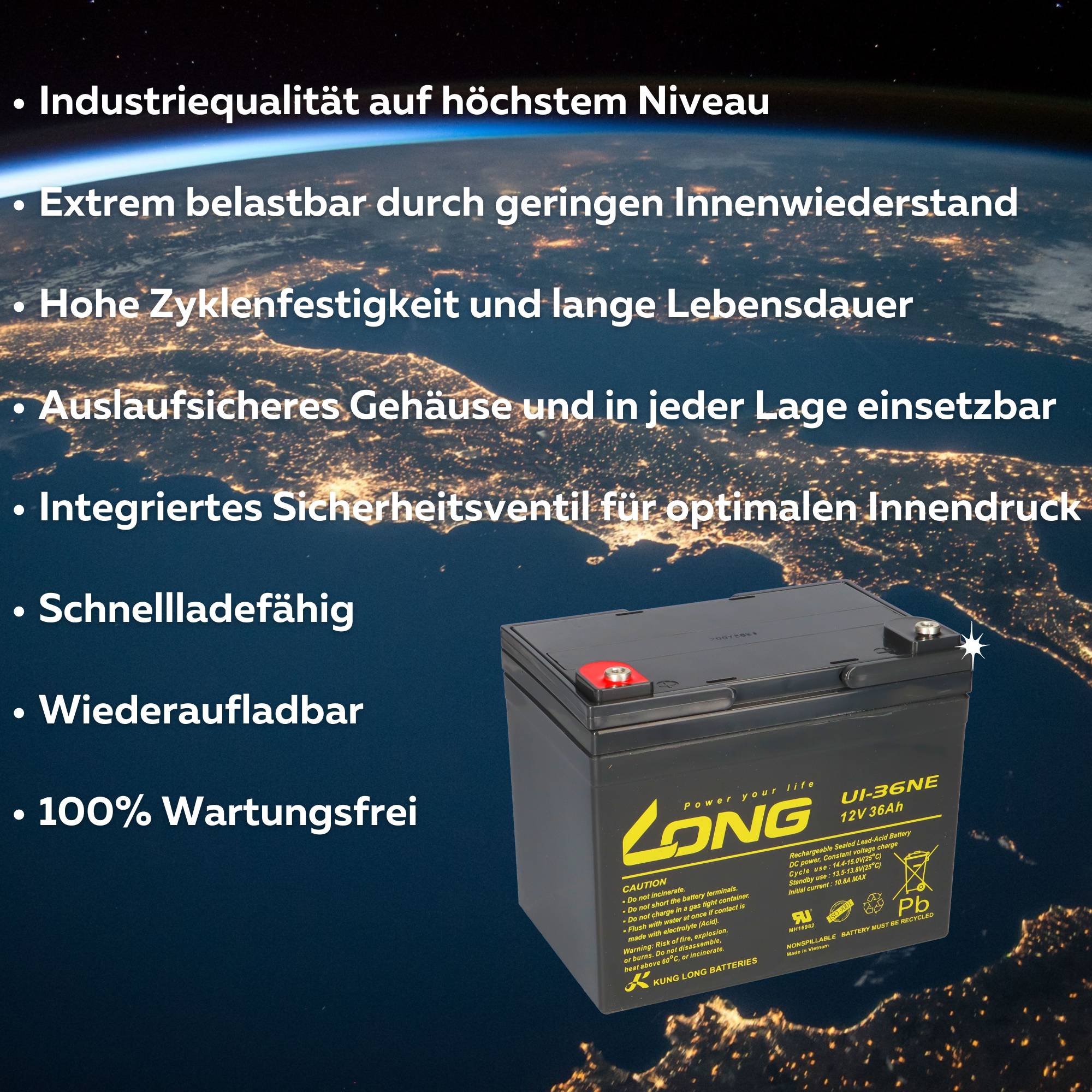 Kung Long U1-36NE 12V 36Ah AGM Bleiakku M5 zyklenfest