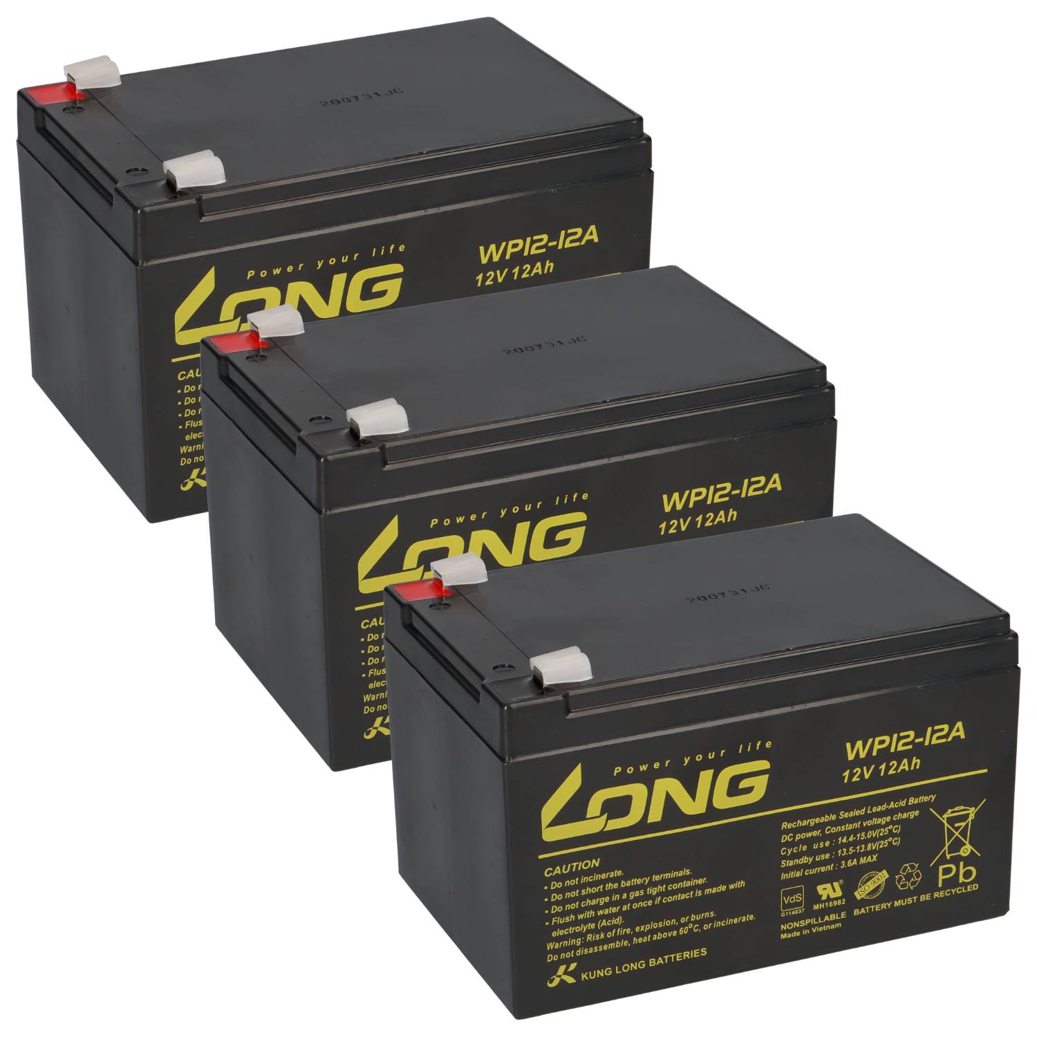 3x Kung Long WP12-12 12V 12Ah – 36V E-Scooter / Quad Akkuset