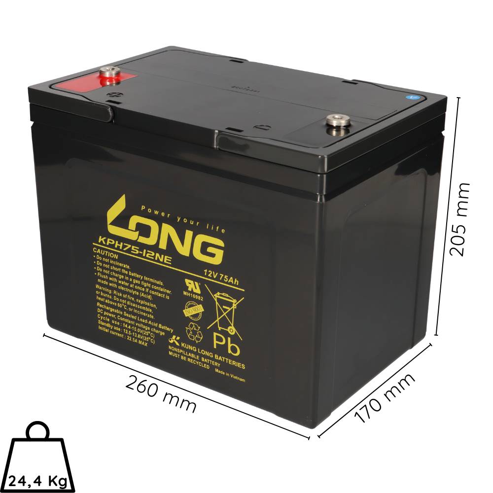 2x Kung Long KPH75-12NE AGM Akku 12V 75Ah M6 – 24V Satz für Elektromobil & Rollstuhl