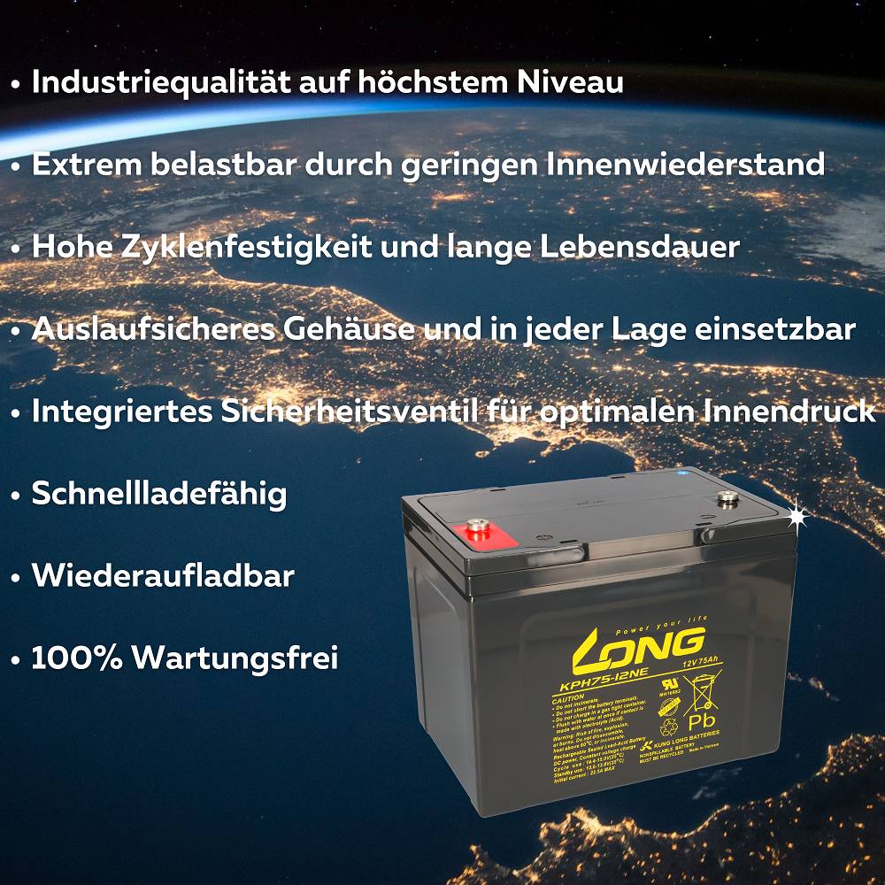 24V 75Ah Akku-Satz passend für Invacare Garant – 2x Kung Long KPH75-12NE M6 AGM